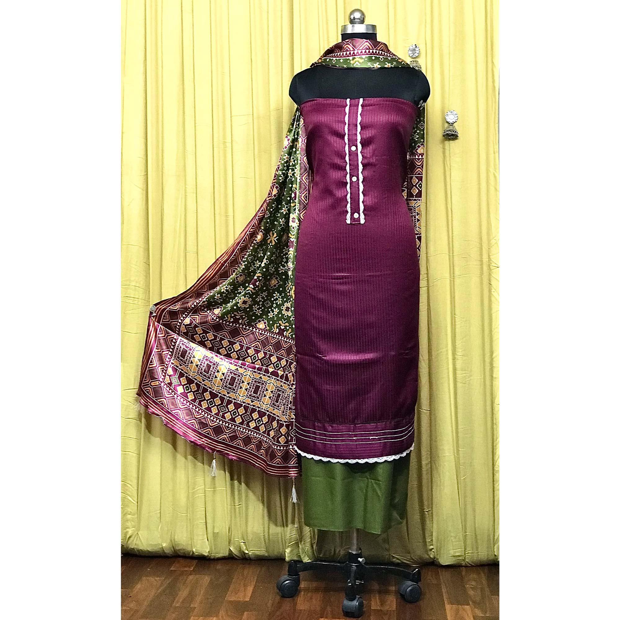 Wine Striped Printed Satin Dress Material - Peachmode