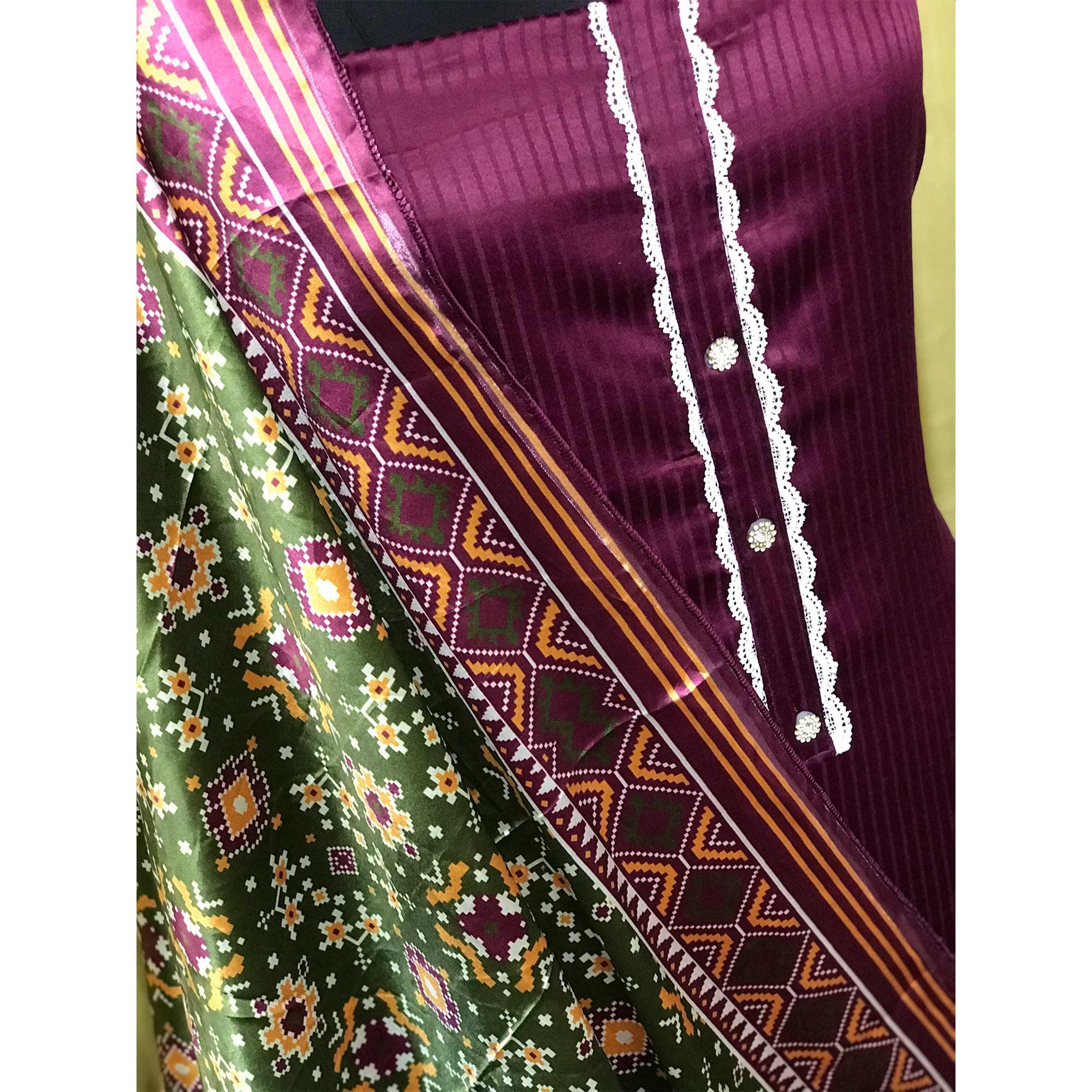 Wine Striped Printed Satin Dress Material - Peachmode