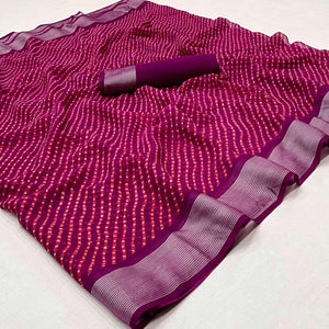 Wine Stripes Printed Chiffon Saree - Peachmode