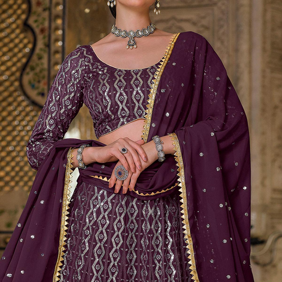 Wine Wedding Wear Sequence Embroidered Georgette Lehenga Choli - Peachmode