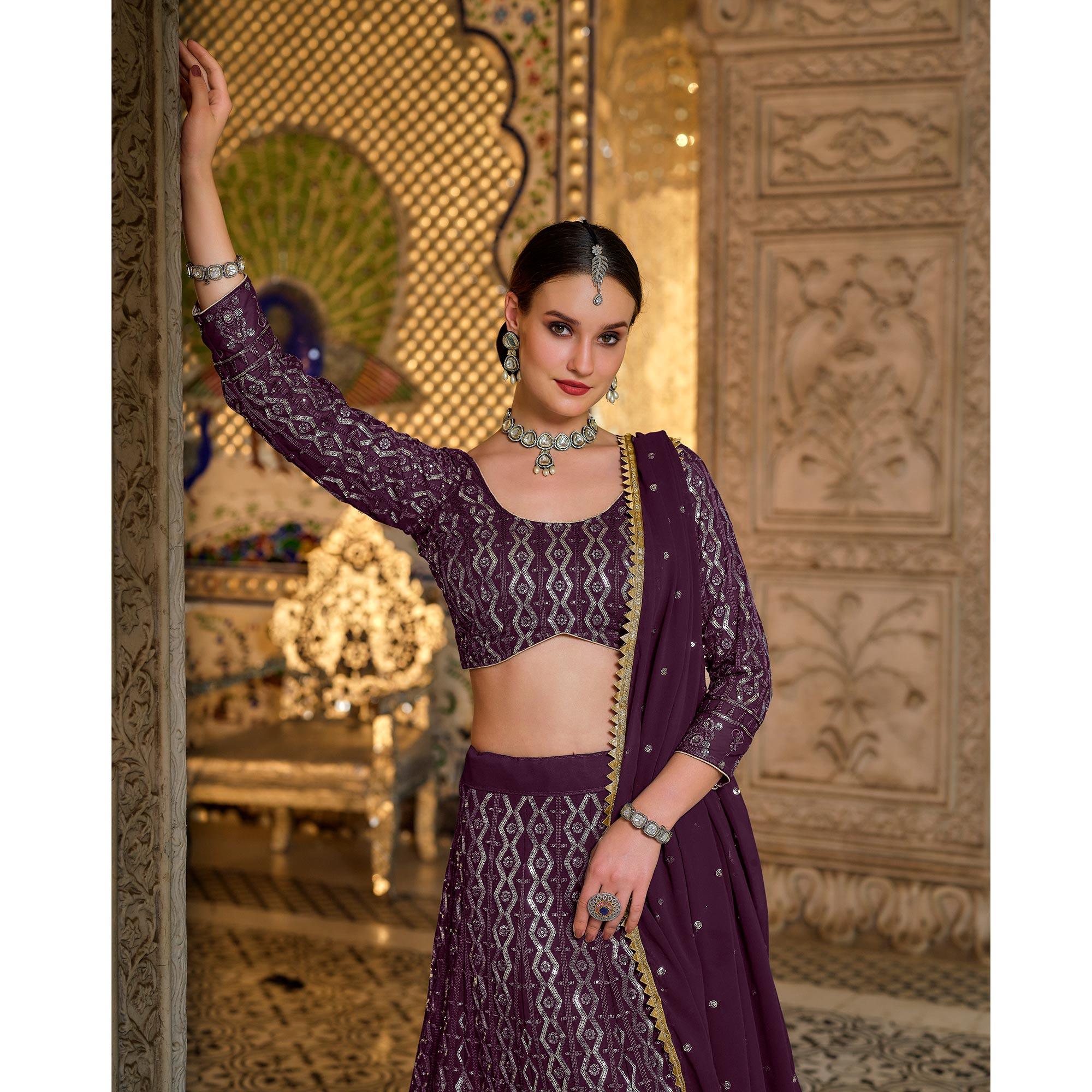 Wine Wedding Wear Sequence Embroidered Georgette Lehenga Choli - Peachmode
