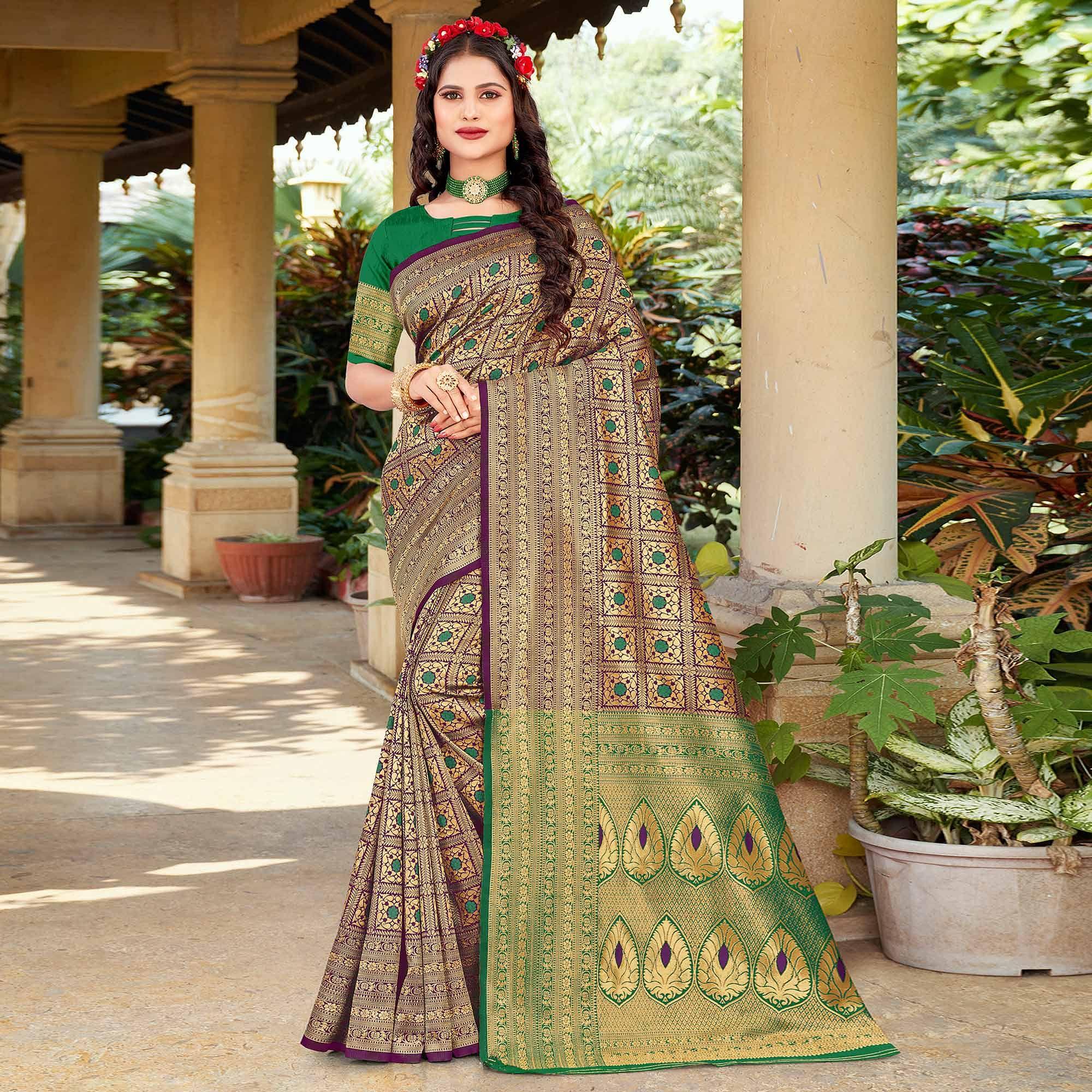 Wine Woven Art Silk Saree - Peachmode