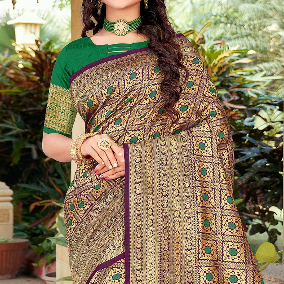 Wine Woven Art Silk Saree - Peachmode