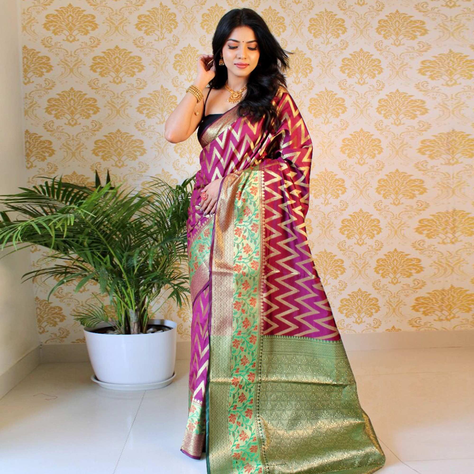 Wine Woven Art Silk Saree - Peachmode