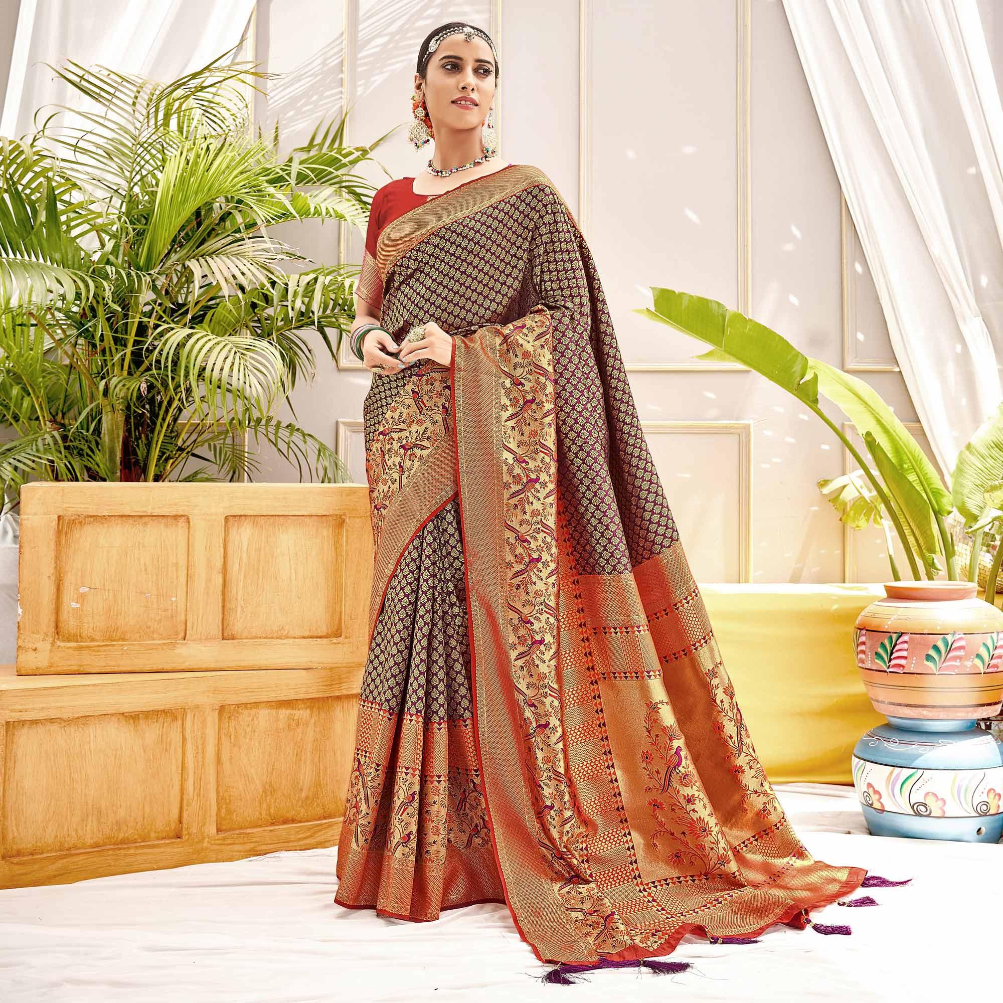 Wine Woven Art Silk Saree - Peachmode