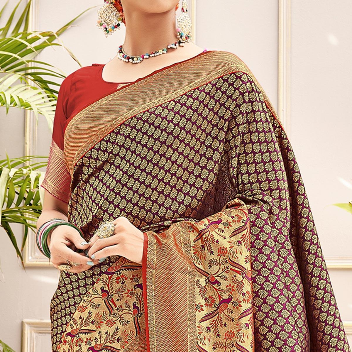 Wine Woven Art Silk Saree - Peachmode