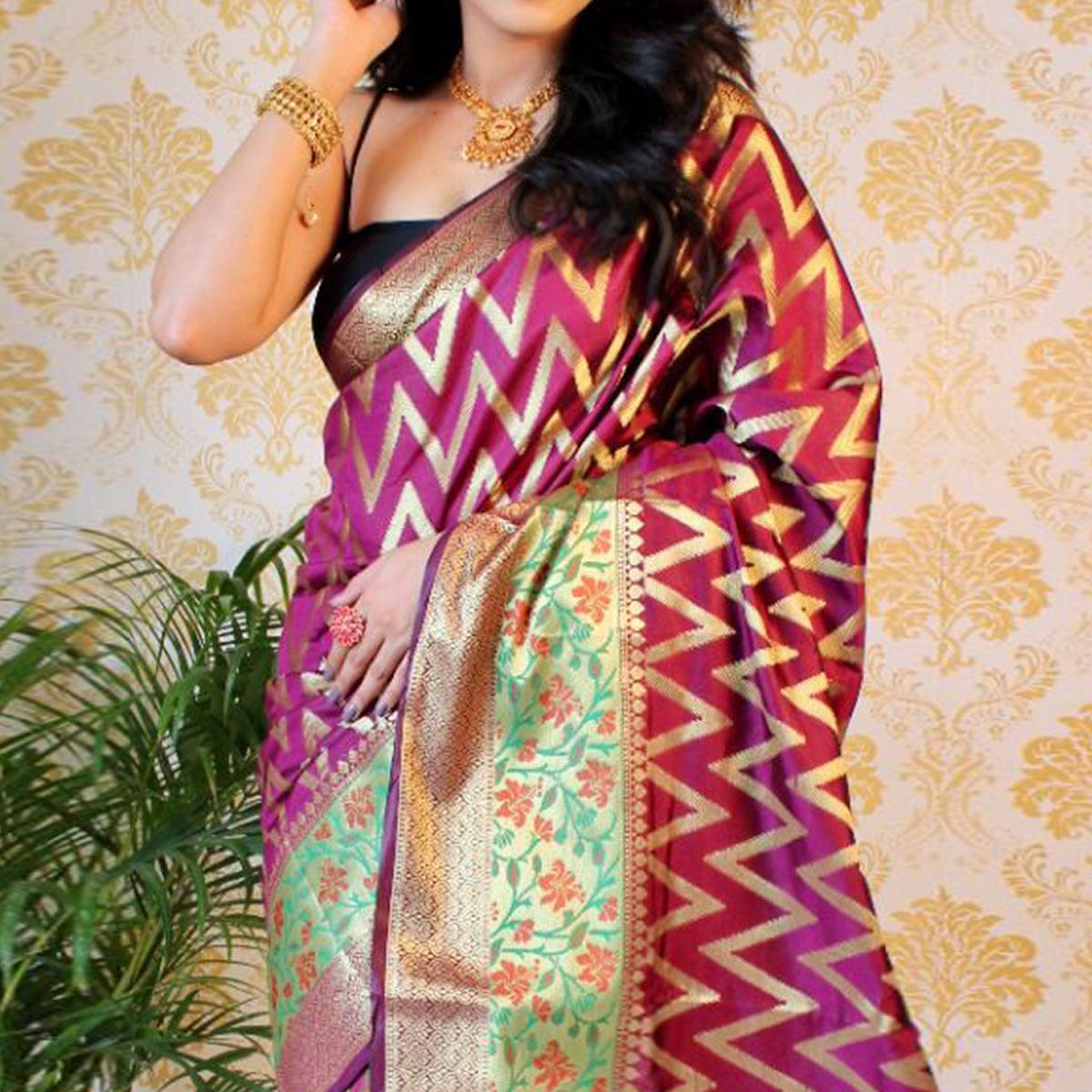 Wine Woven Art Silk Saree - Peachmode