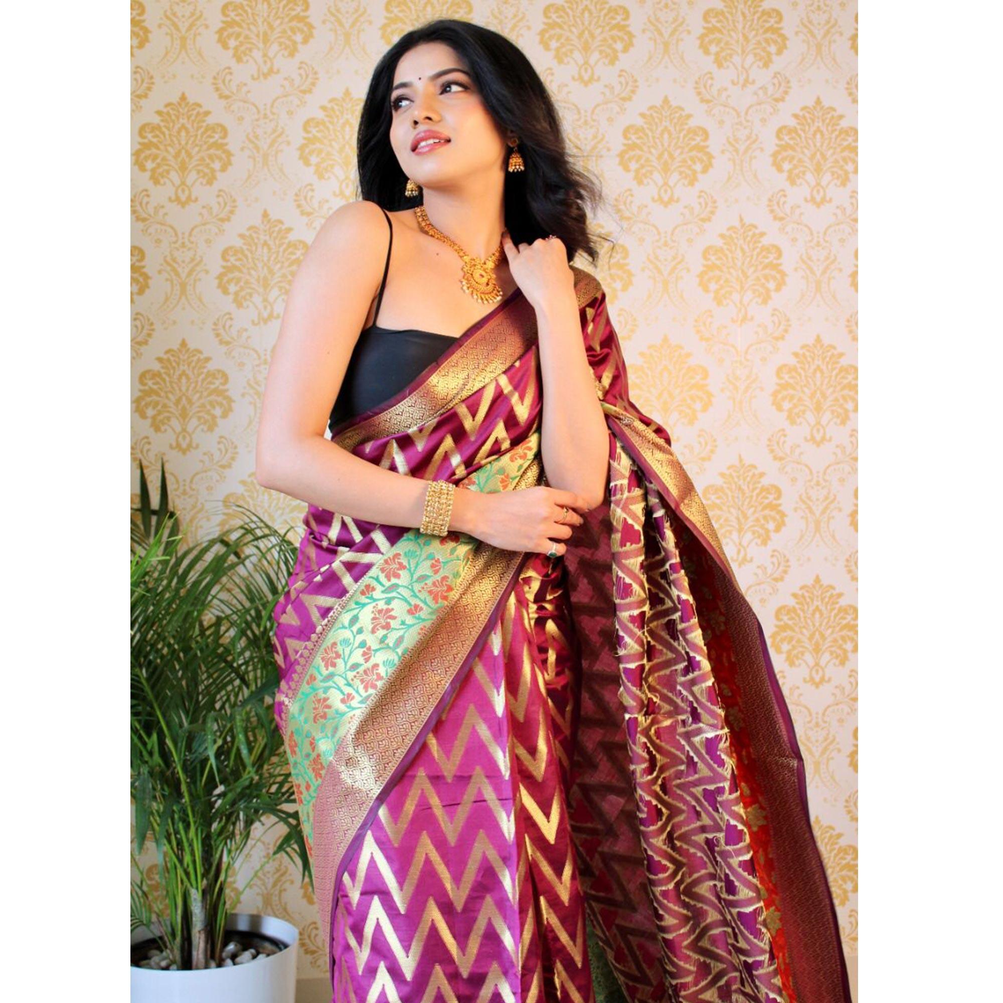 Wine Woven Art Silk Saree - Peachmode