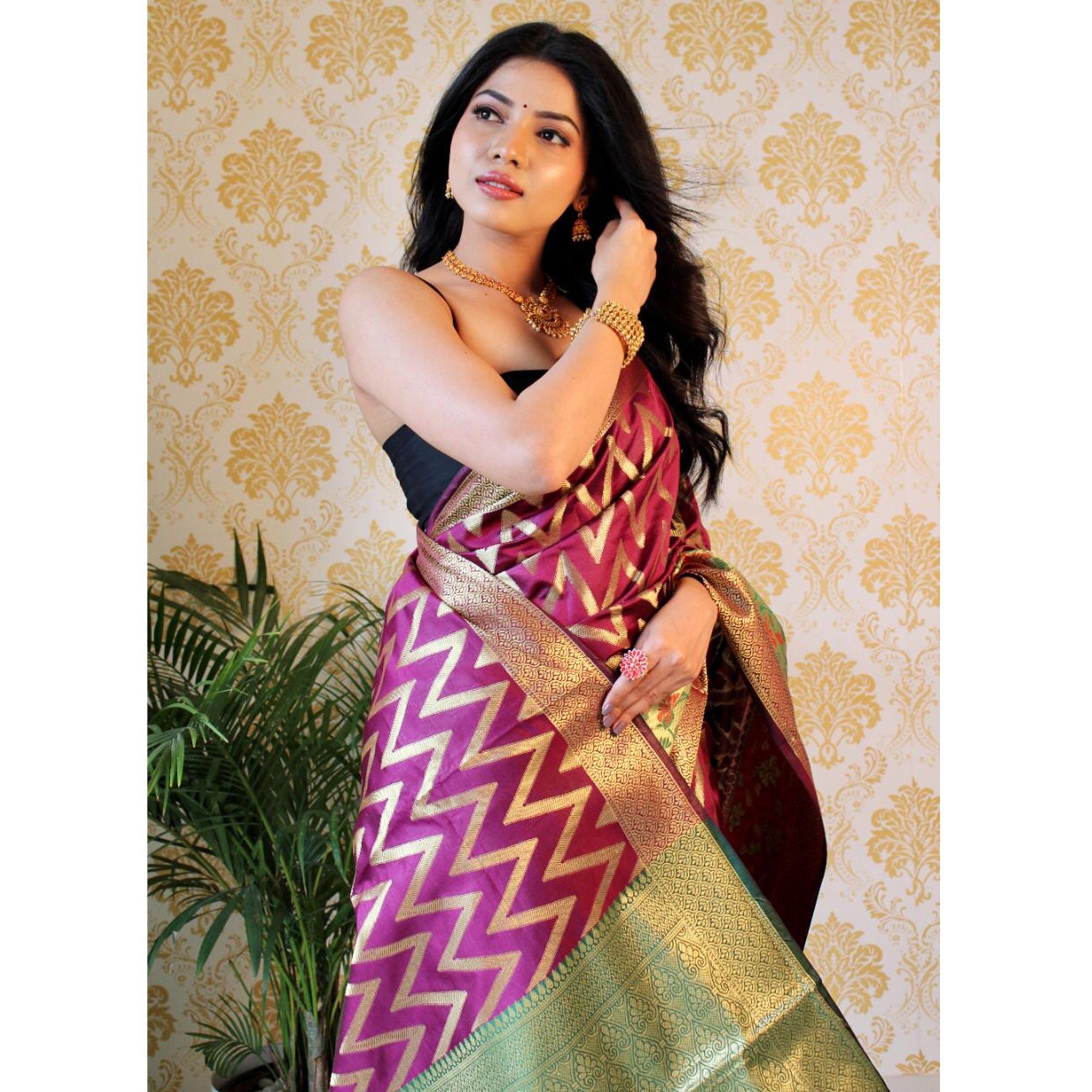 Wine Woven Art Silk Saree - Peachmode