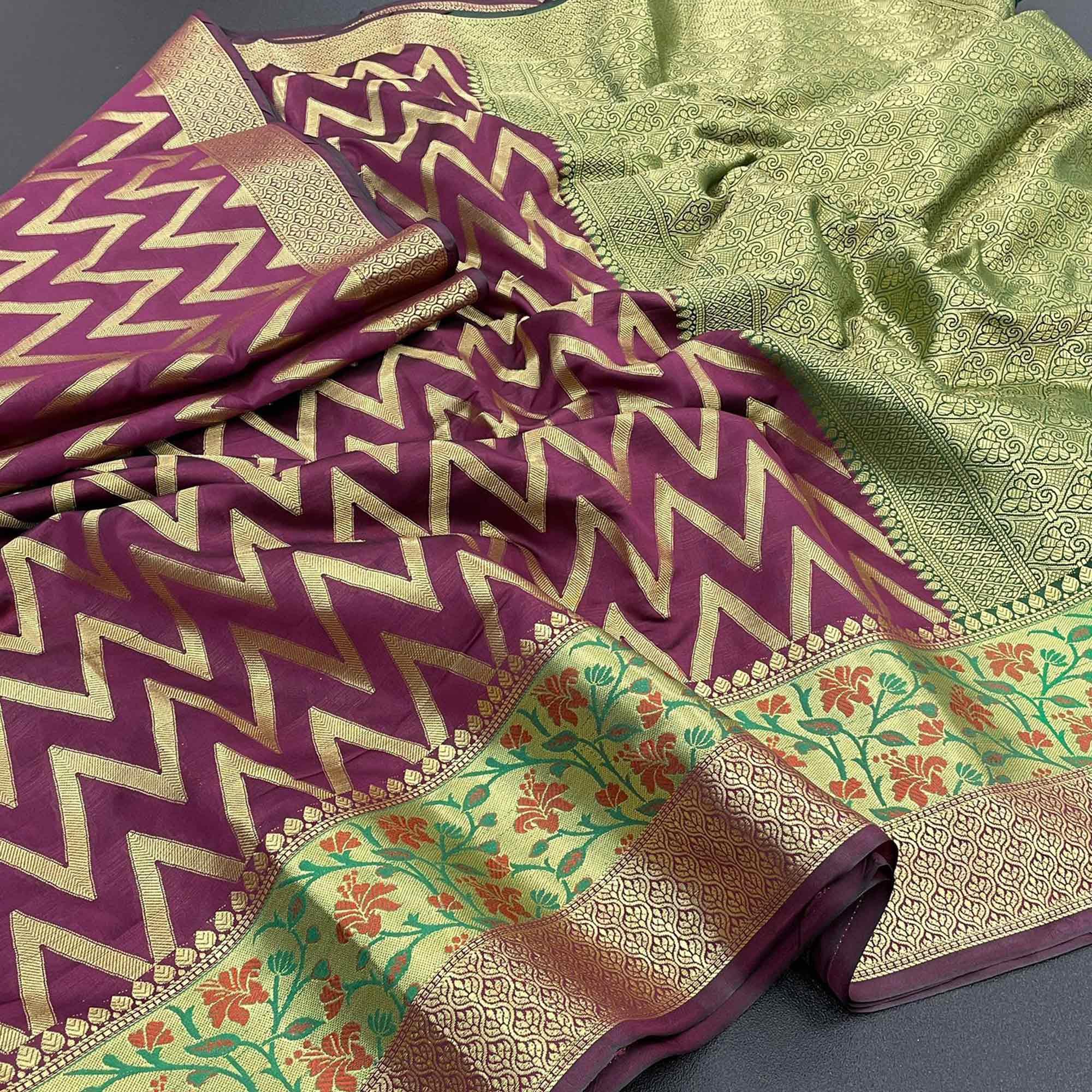 Wine Woven Art Silk Saree - Peachmode