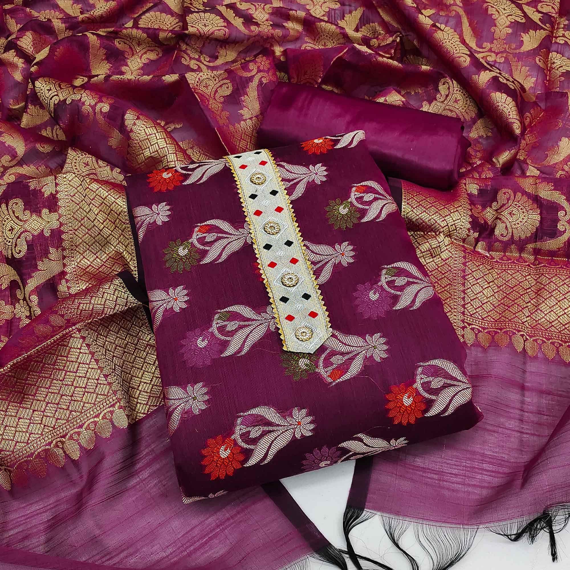 Wine Woven Banarasi Dress Material - Peachmode
