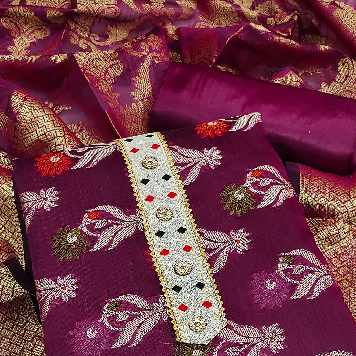 Wine Woven Banarasi Dress Material - Peachmode