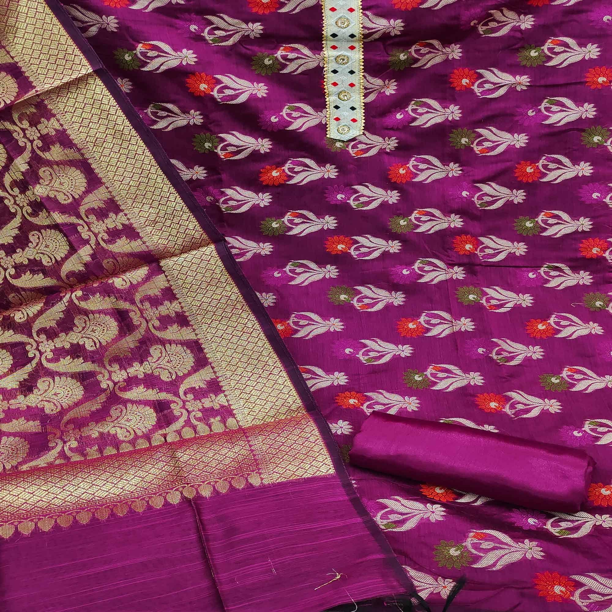 Wine Woven Banarasi Dress Material - Peachmode