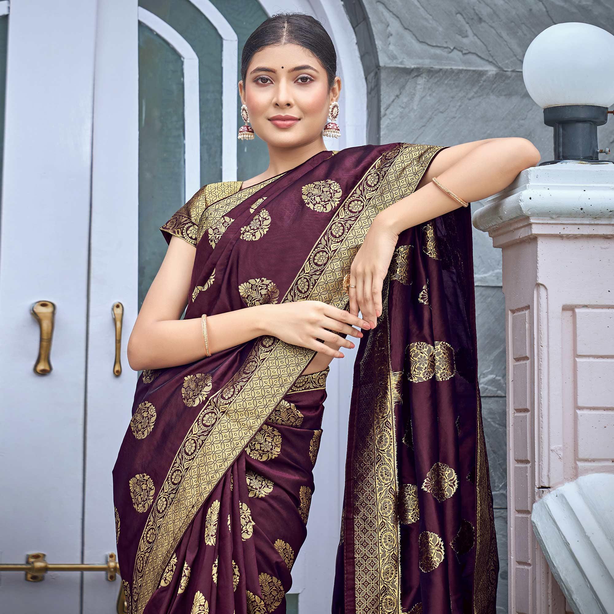 Wine Woven Banarasi Silk Saree - Peachmode