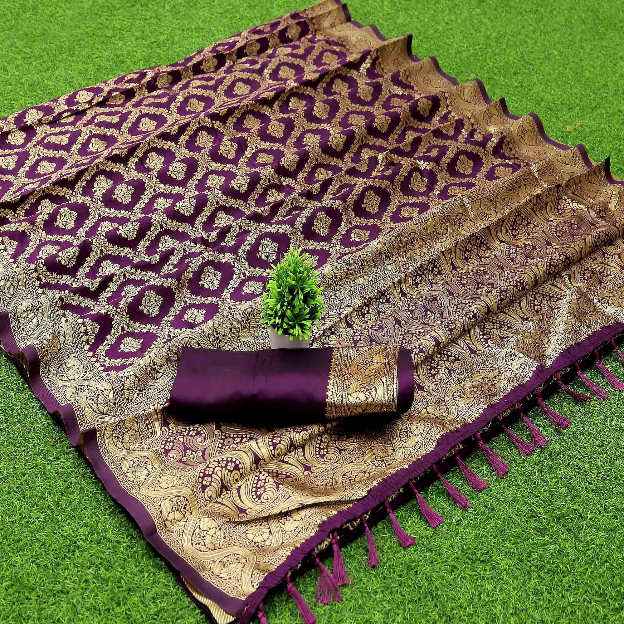 Wine Woven Banarasi Silk Saree With Tassels - Peachmode