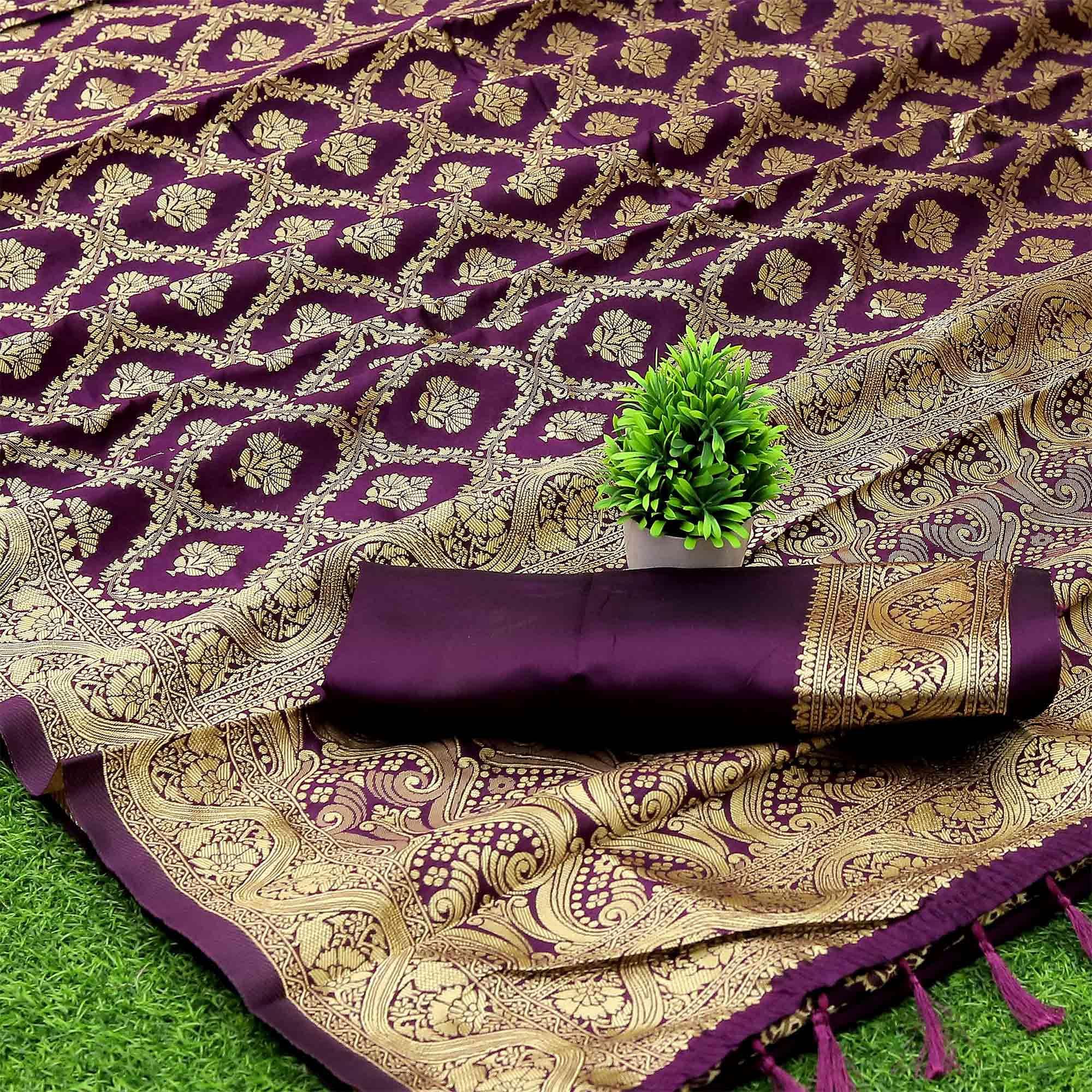 Wine Woven Banarasi Silk Saree With Tassels - Peachmode