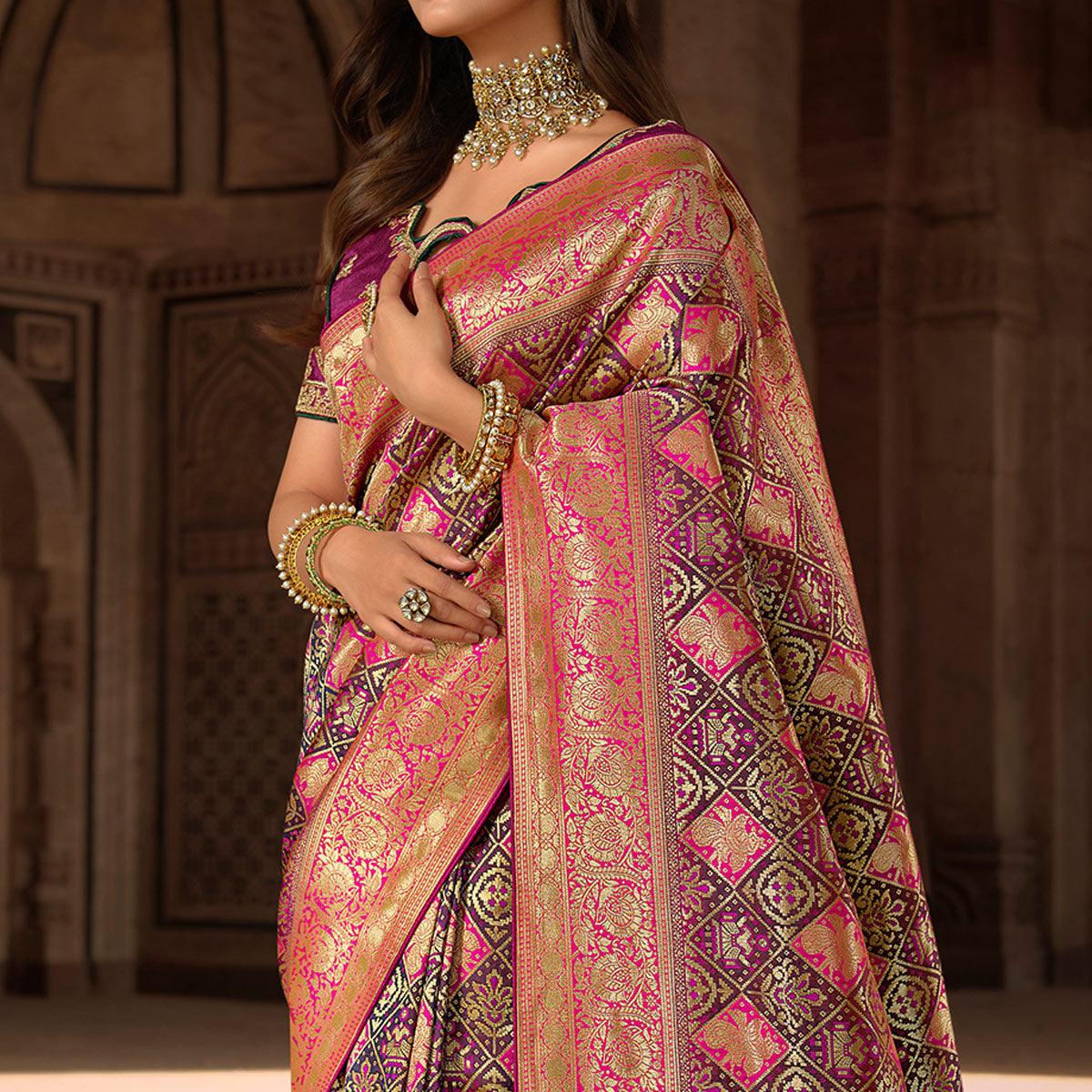 Wine Woven Banarasi Silk Saree With Tassels - Peachmode