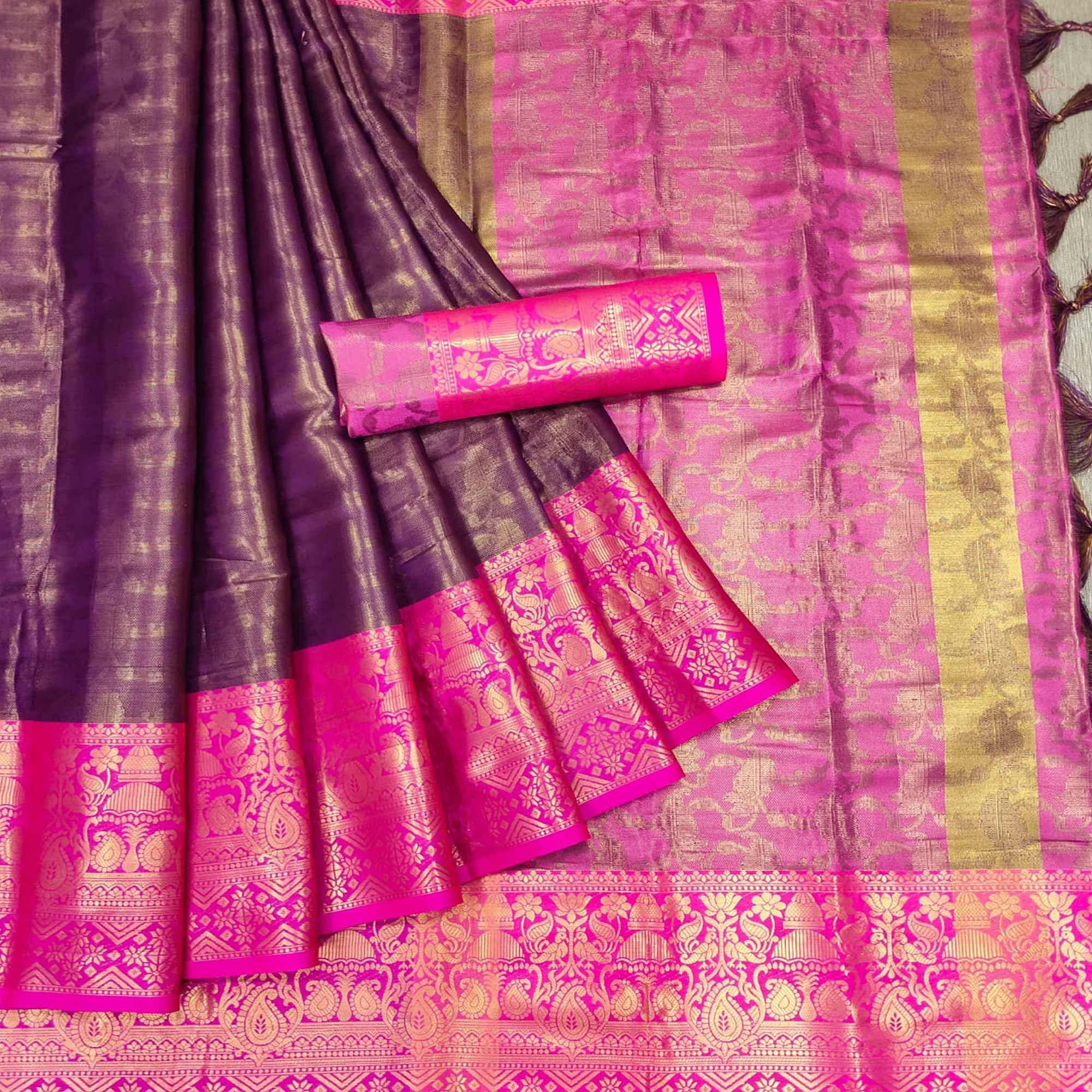 Wine Woven Cotton Silk Saree - Peachmode