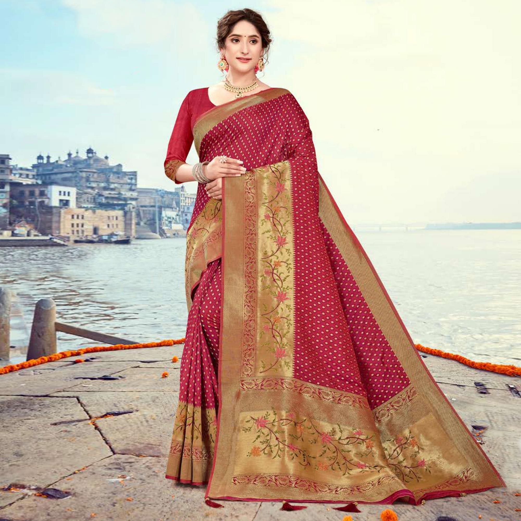 Wine Woven Cotton Silk Saree - Peachmode