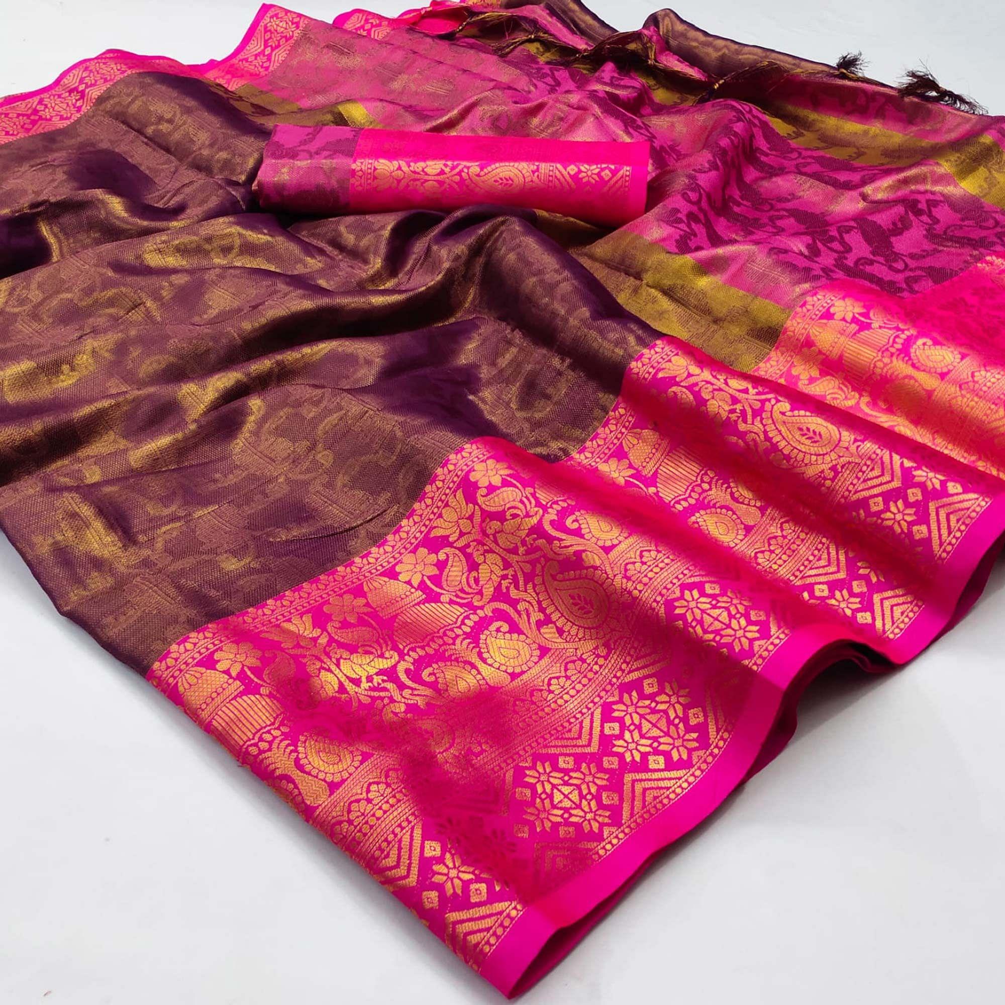 Wine Woven Cotton Silk Saree - Peachmode