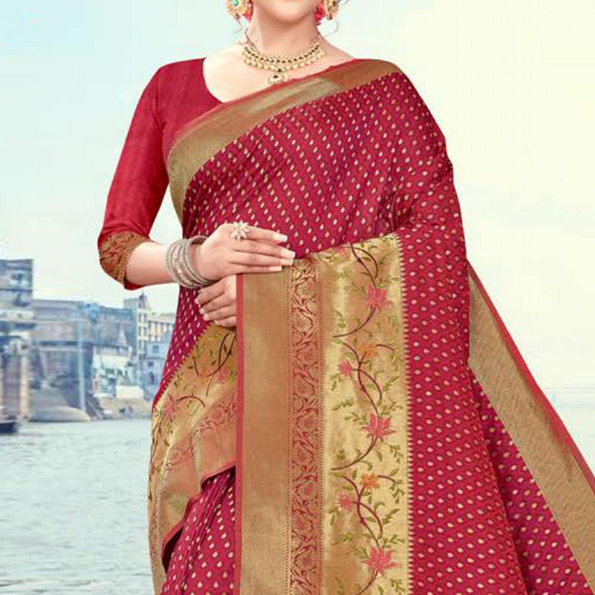 Wine Woven Cotton Silk Saree - Peachmode
