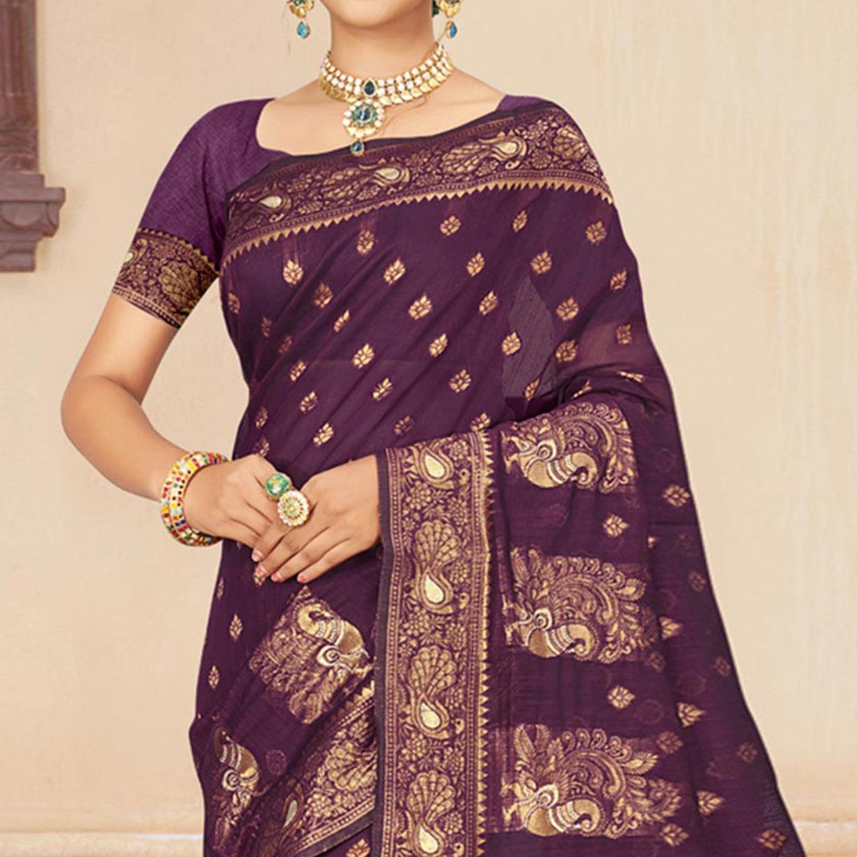Wine Woven Cotton Silk Saree - Peachmode