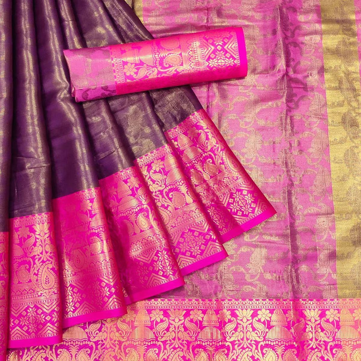 Wine Woven Cotton Silk Saree - Peachmode
