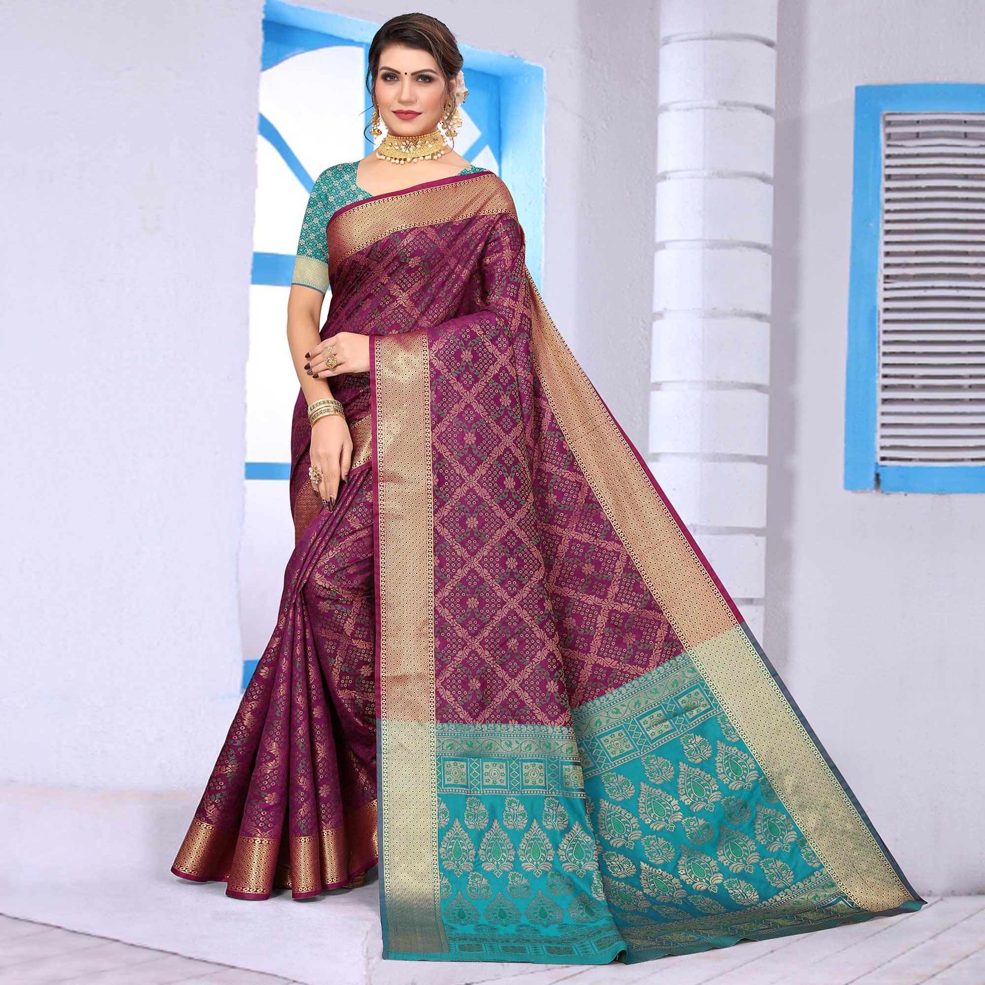 Wine Woven Jacquard Saree - Peachmode