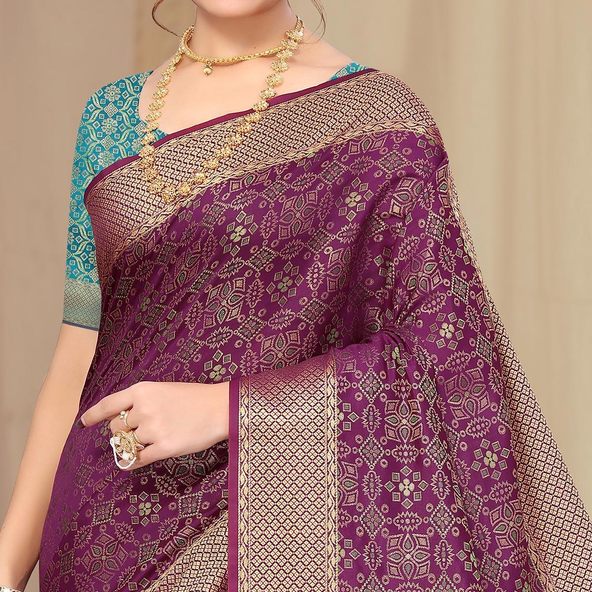 Wine Woven Jacquard Saree - Peachmode