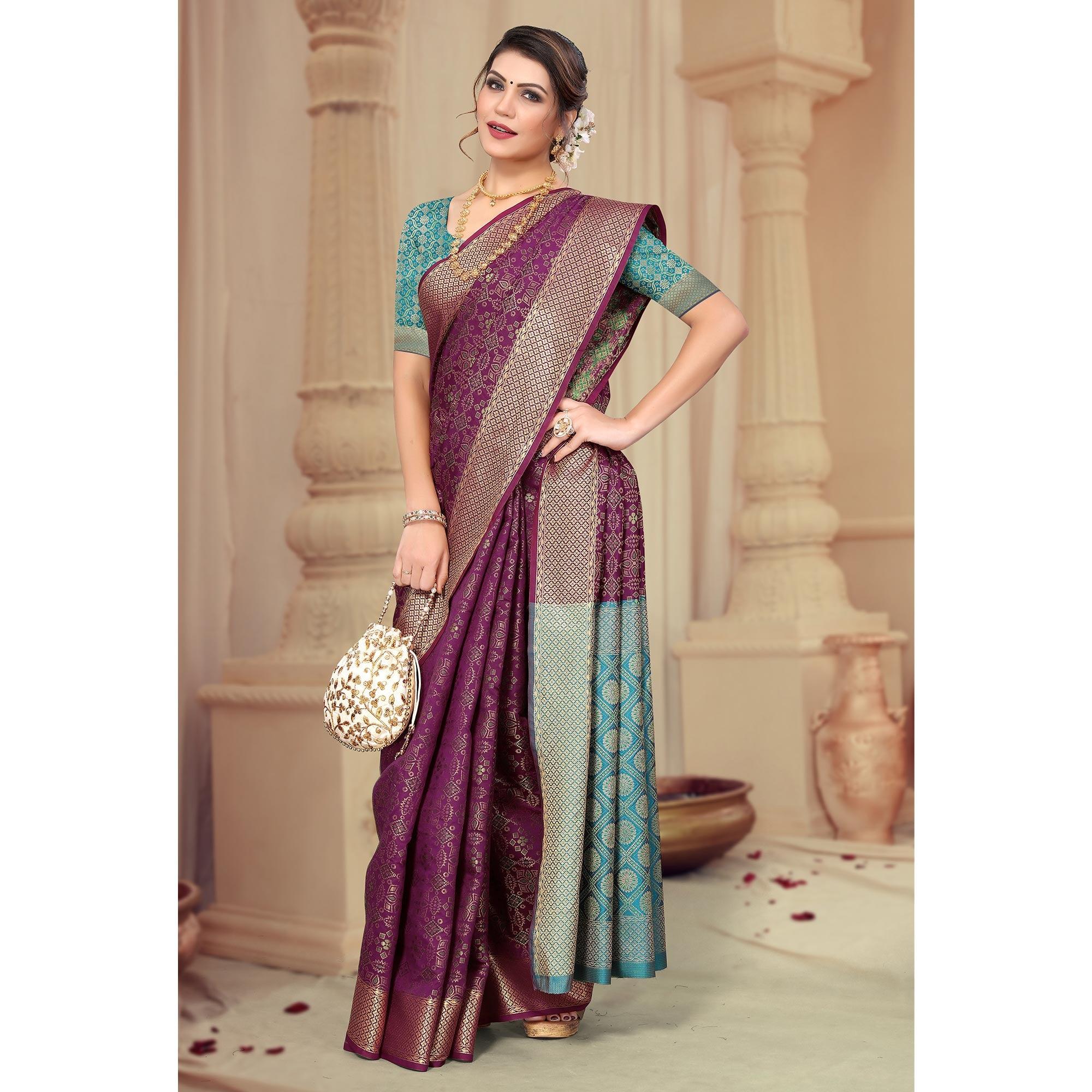 Wine Woven Jacquard Saree - Peachmode