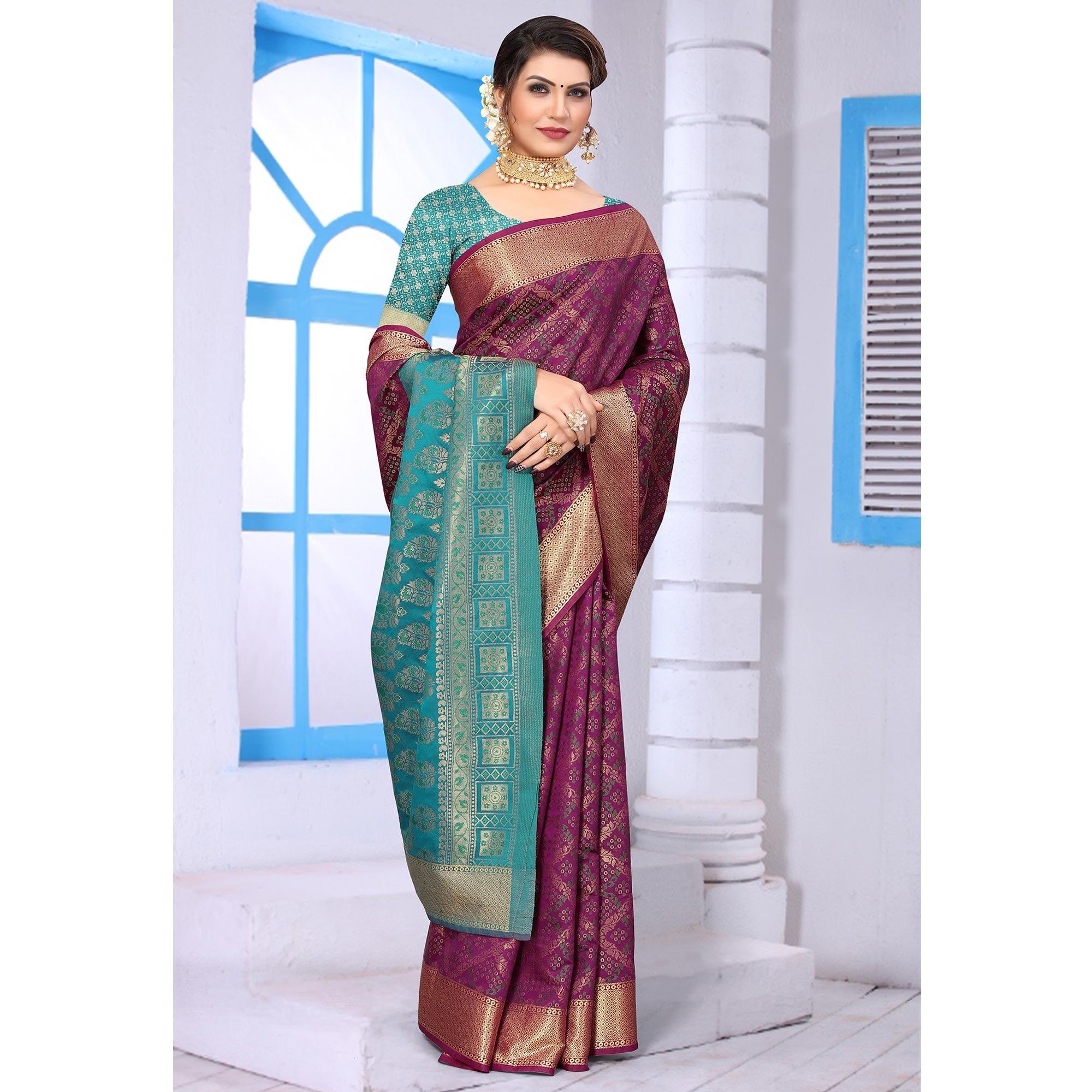 Wine Woven Jacquard Saree - Peachmode