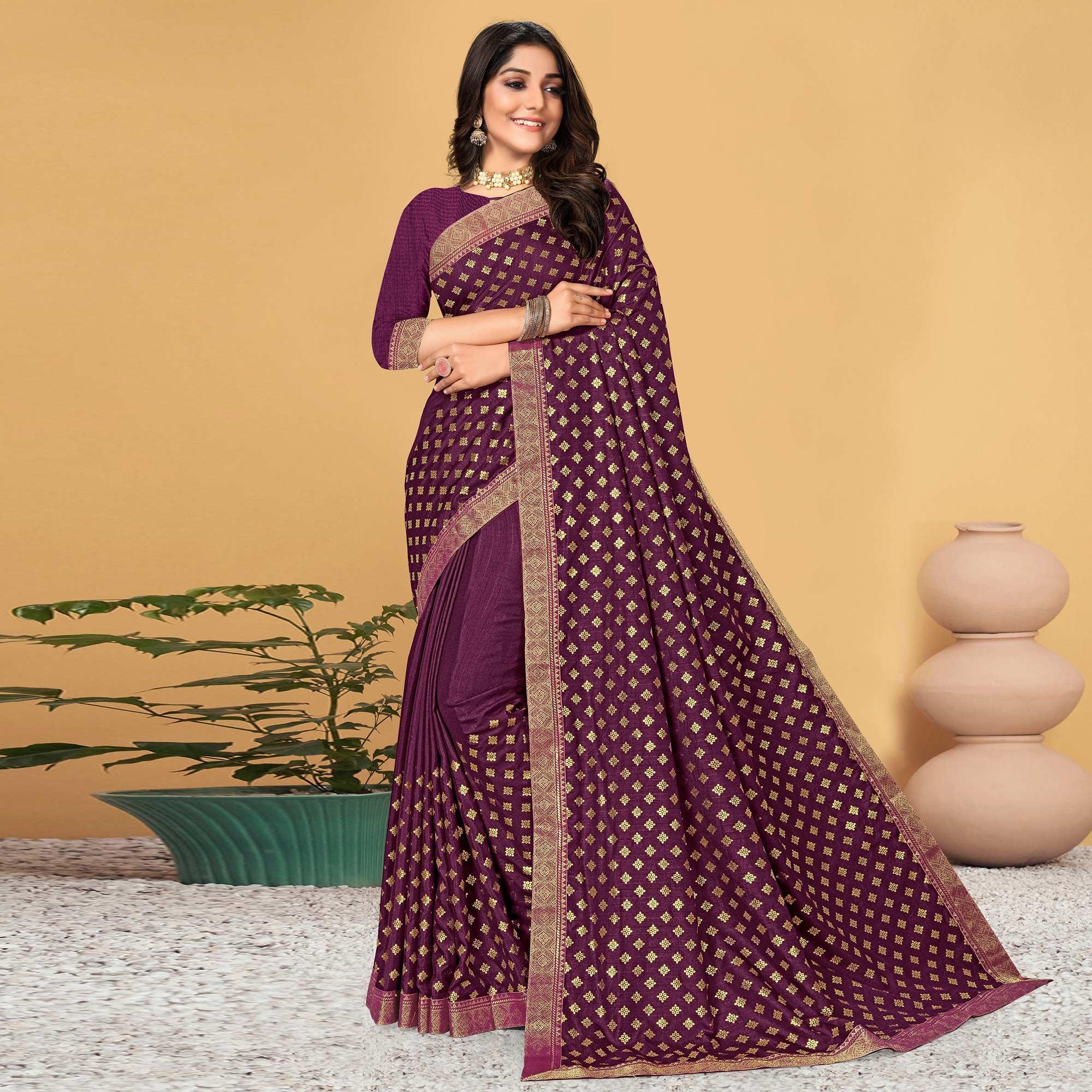 Wine Woven Vichitra Silk Saree - Peachmode