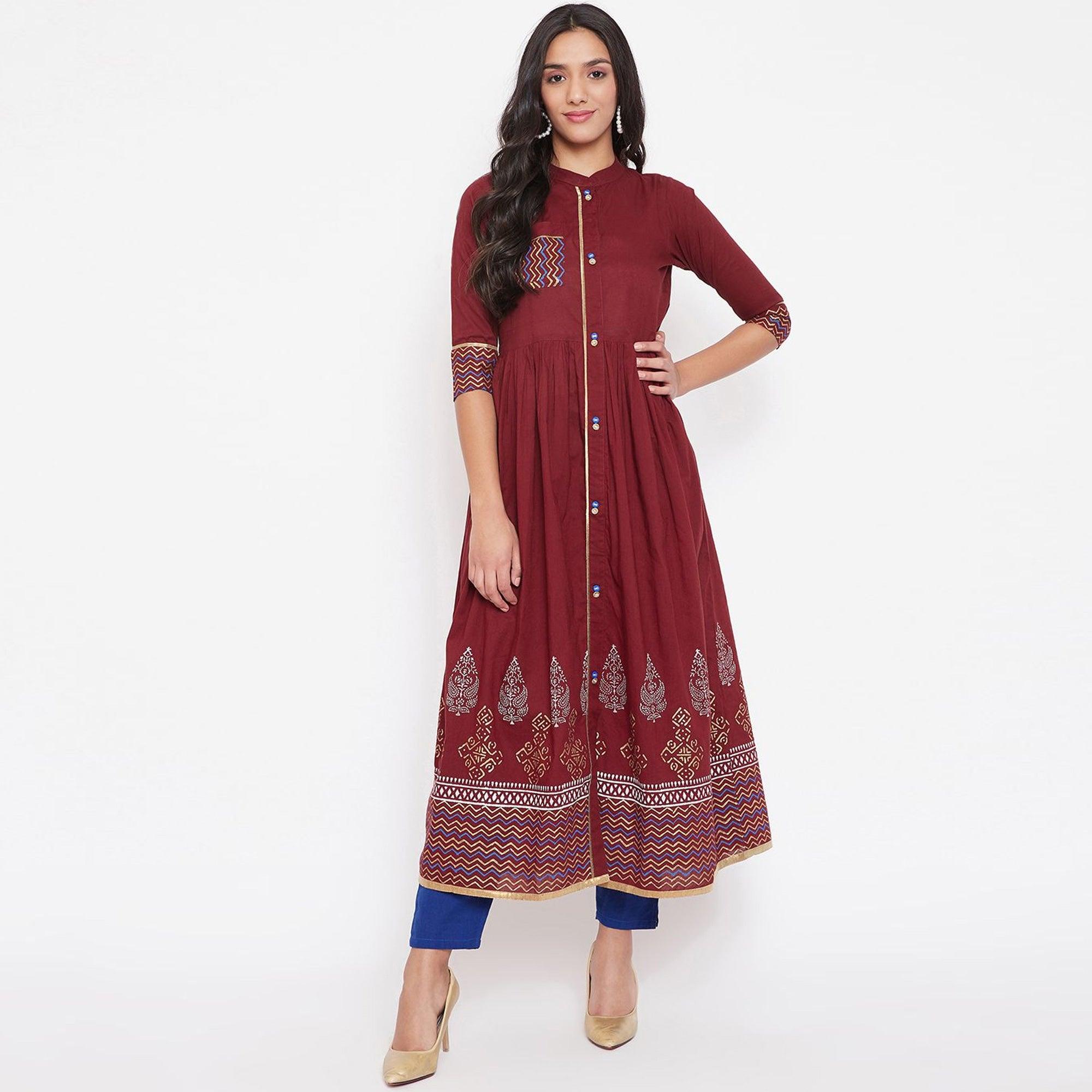 WineRed - Women Maroon Cotton Printed Kurti - Peachmode