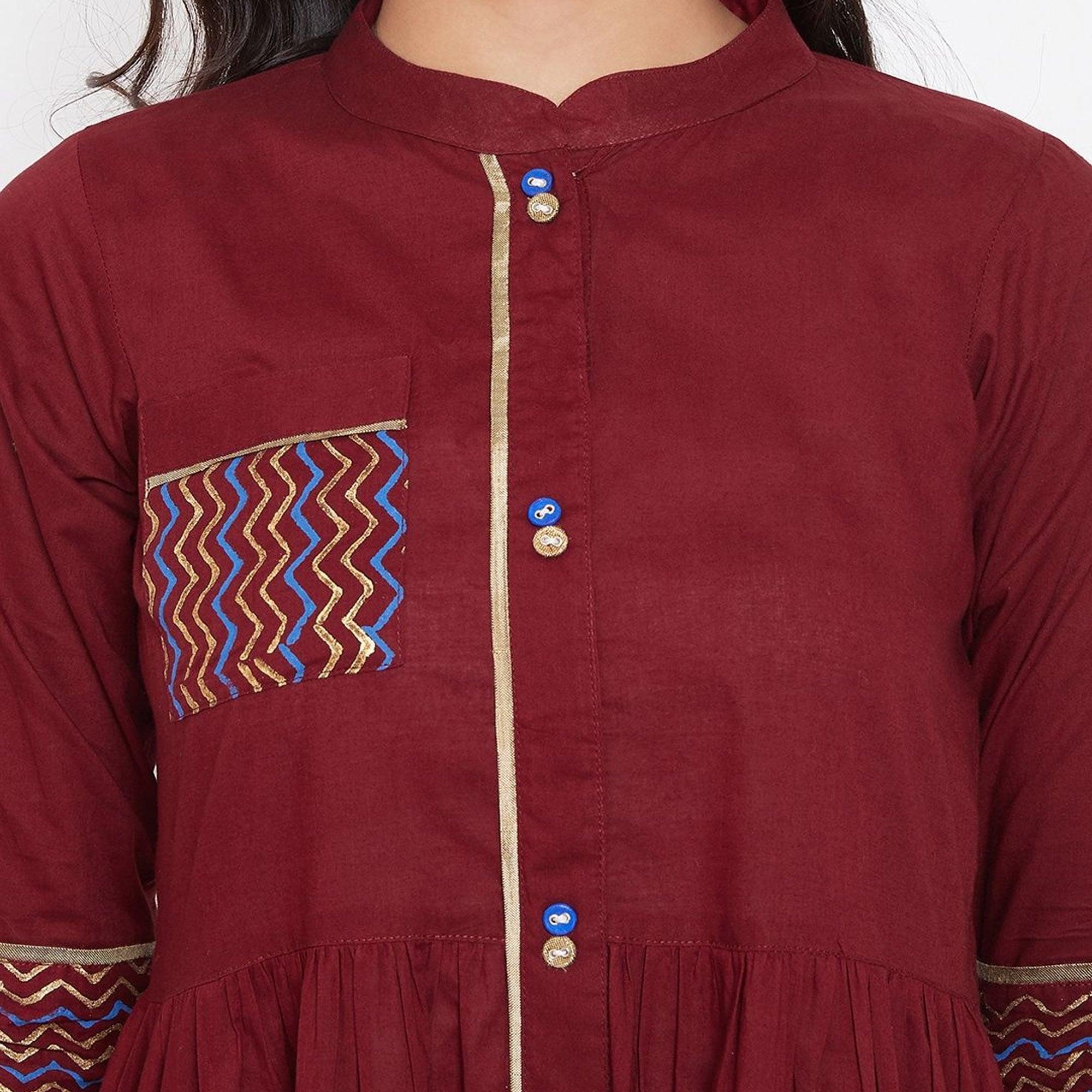WineRed - Women Maroon Cotton Printed Kurti - Peachmode