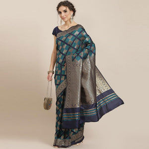 Women's Blue Festive Wear Woven Kanjivaram Silk Saree With Unstitched Blouse - Peachmode
