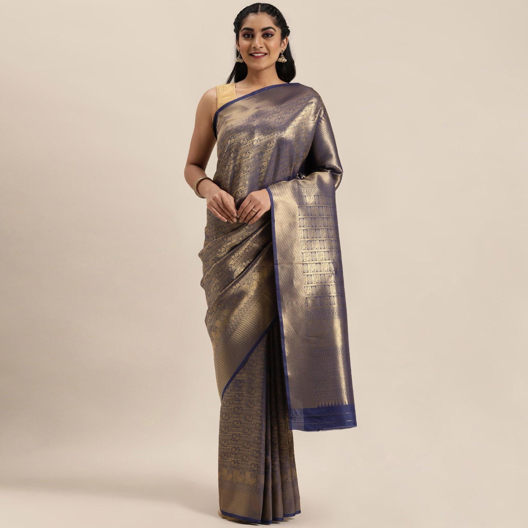 Women's Blue Festive Wear Woven Kanjivaram Silk Saree With Unstitched Blouse - Peachmode