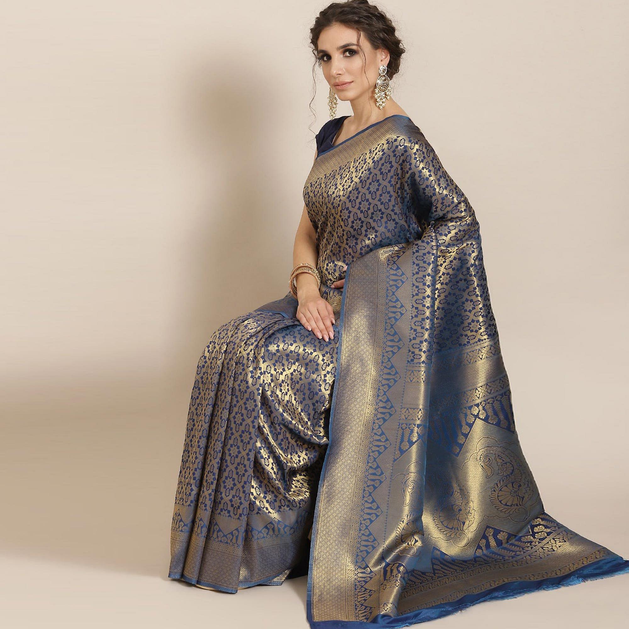 Women's Blue Festive Wear Woven Kanjivaram Silk Saree With Unstitched Blouse - Peachmode