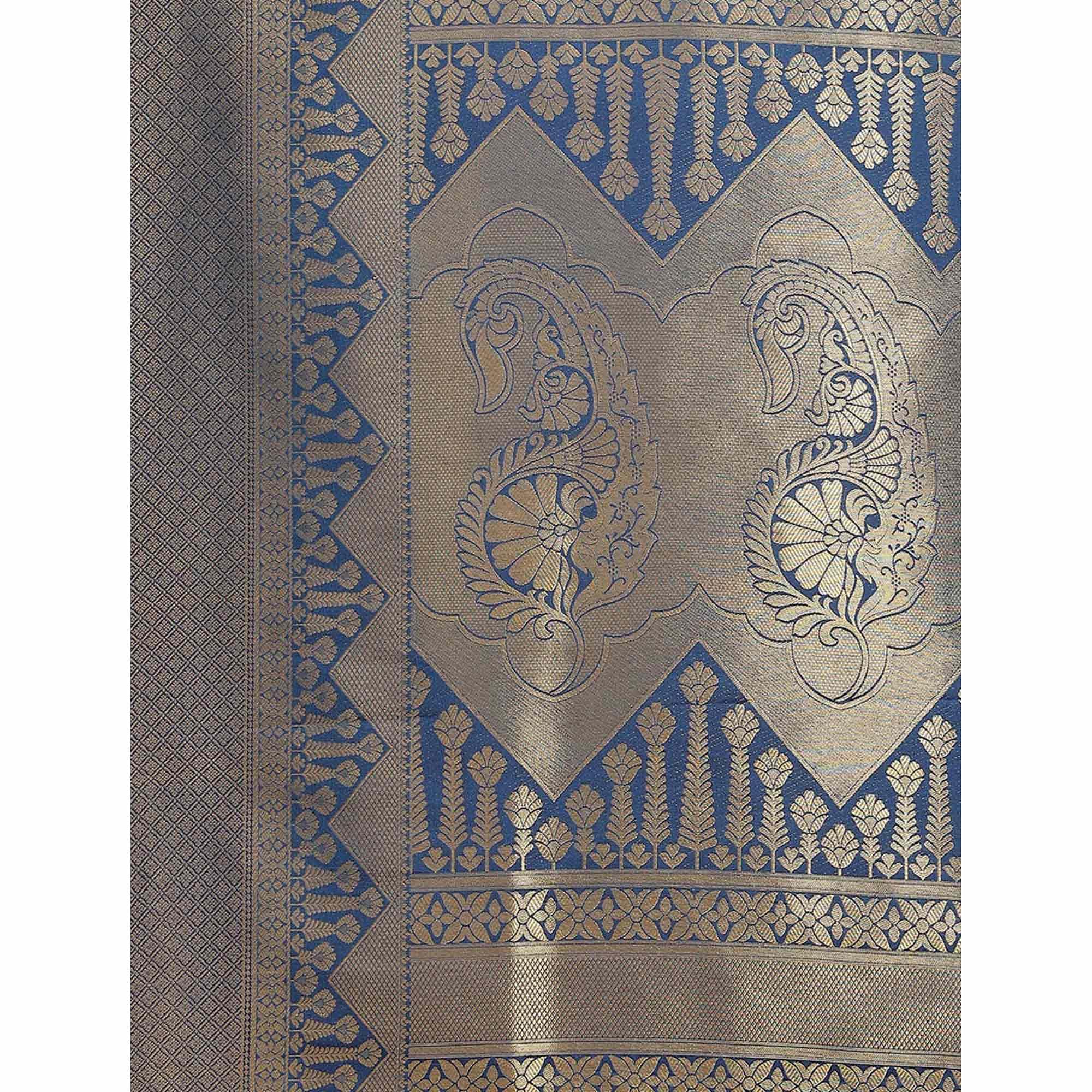 Women's Blue Festive Wear Woven Kanjivaram Silk Saree With Unstitched Blouse - Peachmode