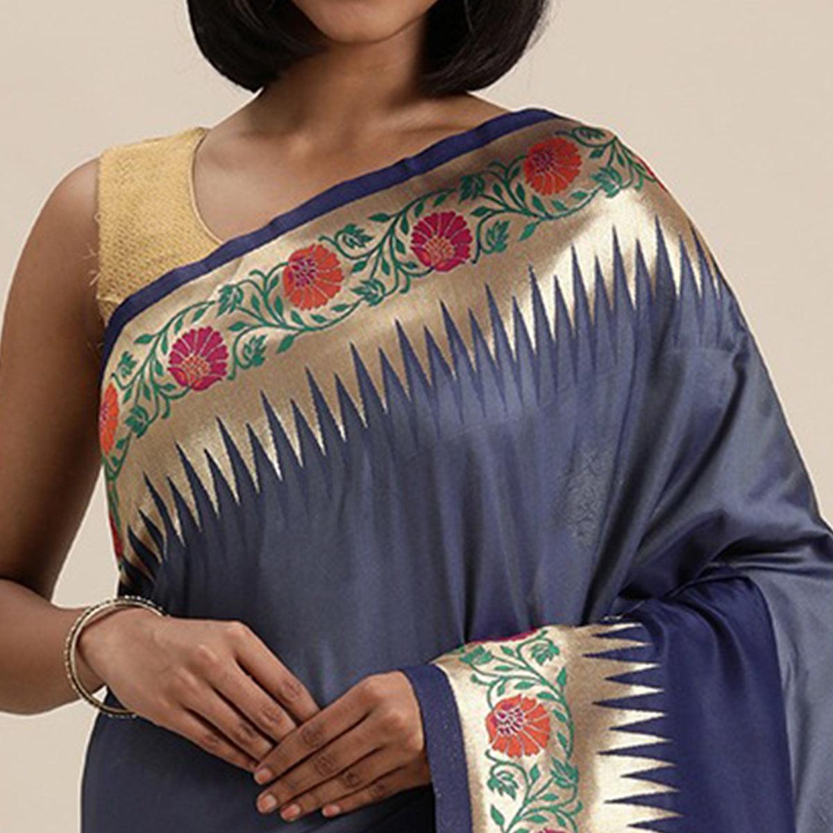 Women's Blue Festive Wear Woven Kanjivaram Silk Saree With Unstitched Blouse - Peachmode