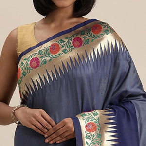 Women's Blue Festive Wear Woven Kanjivaram Silk Saree With Unstitched Blouse - Peachmode