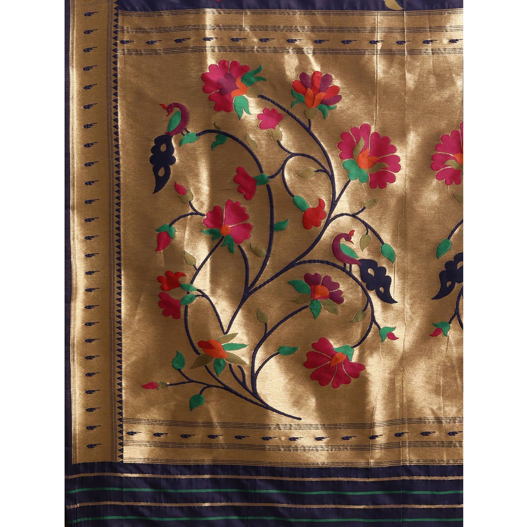 Women's Blue Festive Wear Woven Kanjivaram Silk Saree With Unstitched Blouse - Peachmode