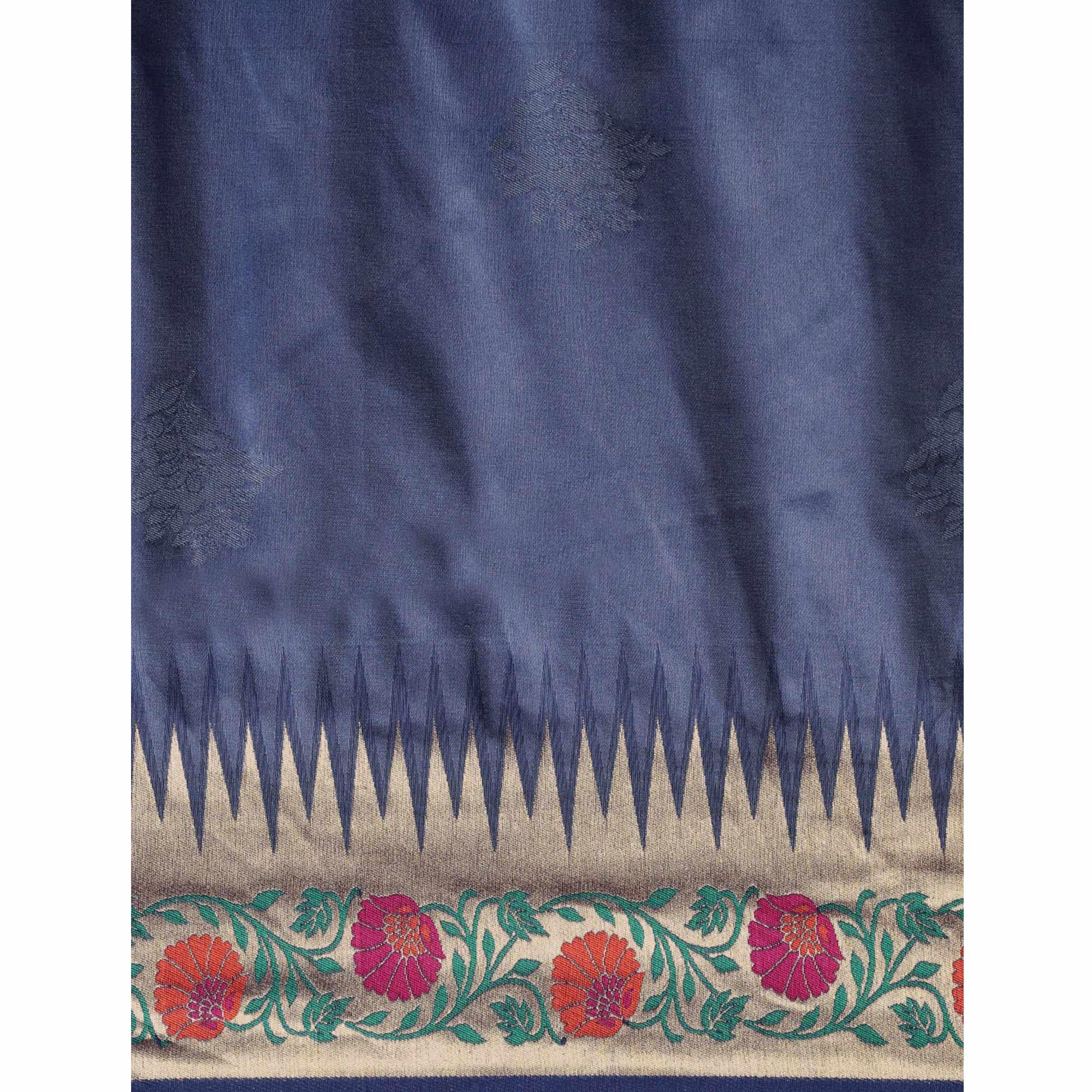 Women's Blue Festive Wear Woven Kanjivaram Silk Saree With Unstitched Blouse - Peachmode