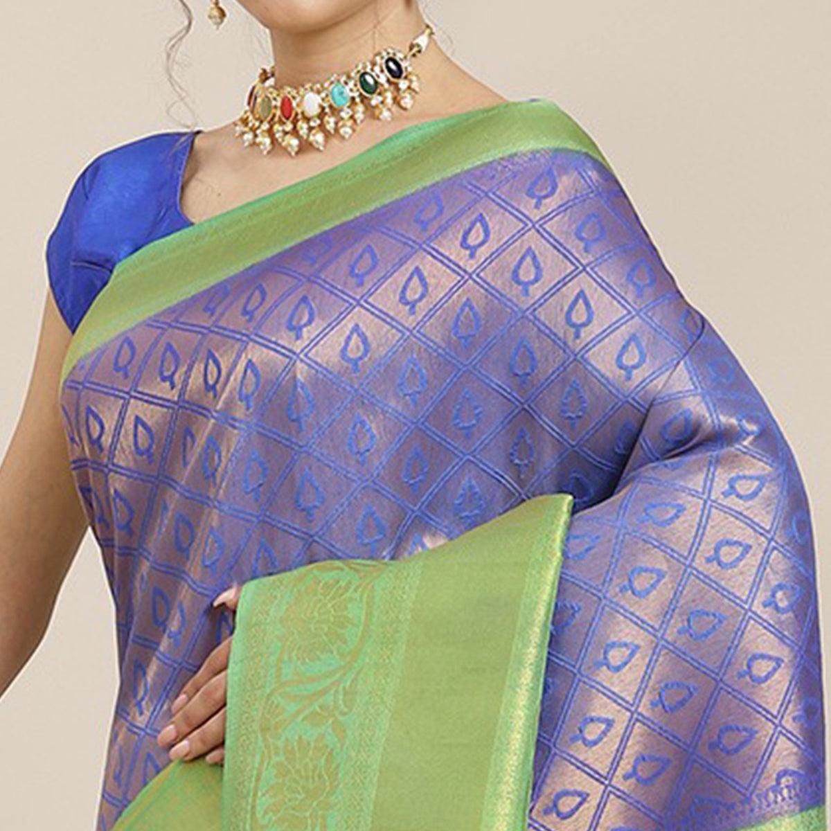 Women's Blue Festive Wear Woven Kanjivaram Silk Saree With Unstitched Blouse - Peachmode