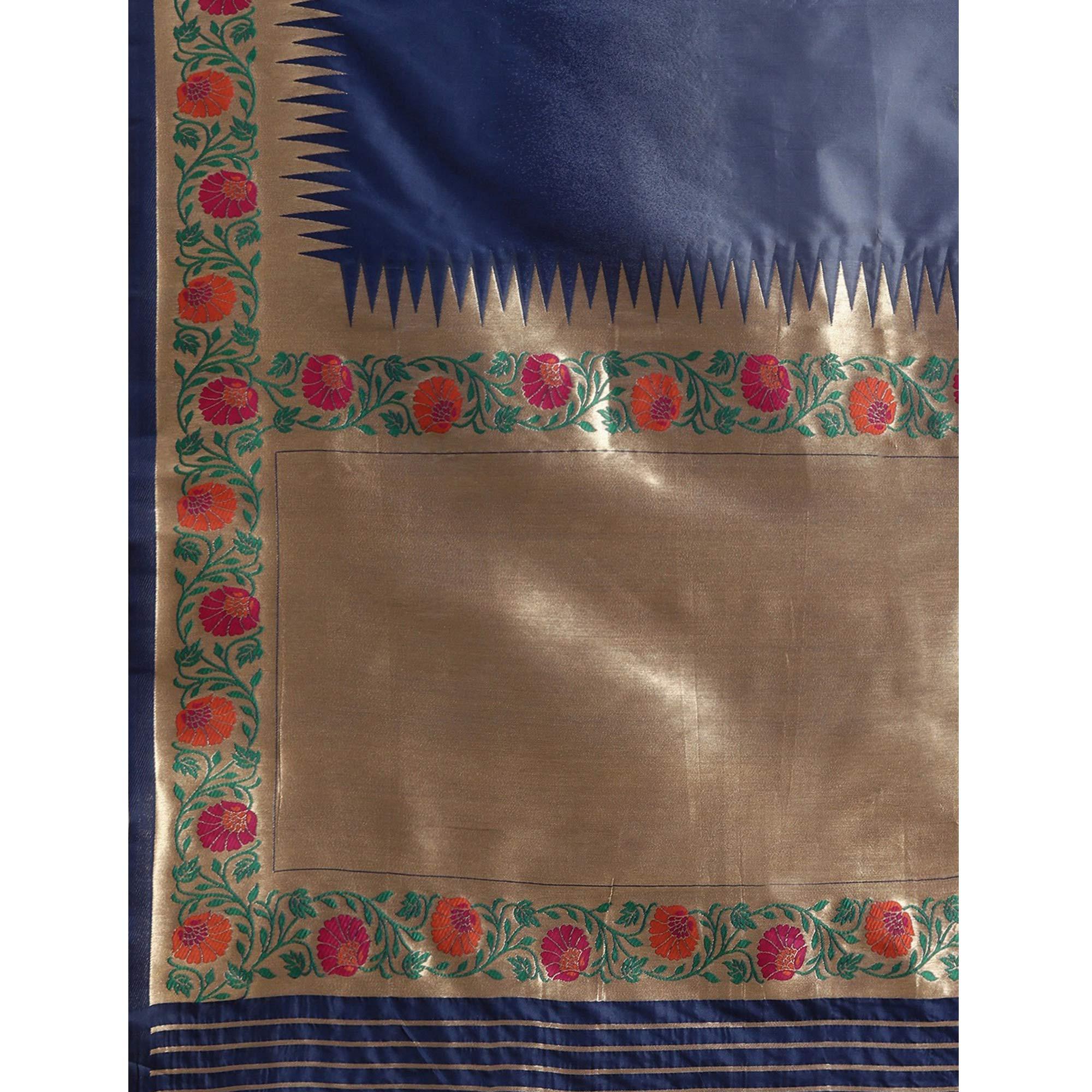 Women's Blue Festive Wear Woven Kanjivaram Silk Saree With Unstitched Blouse - Peachmode