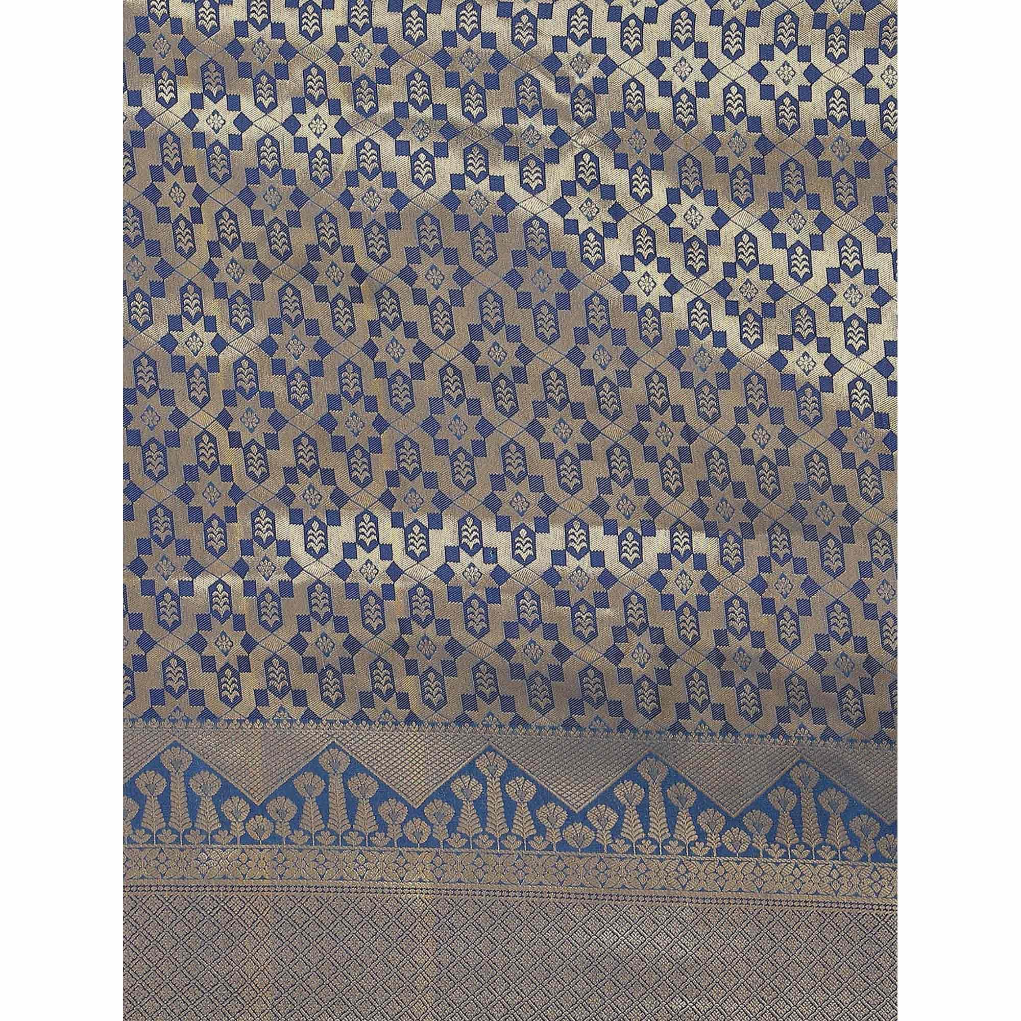 Women's Blue Festive Wear Woven Kanjivaram Silk Saree With Unstitched Blouse - Peachmode