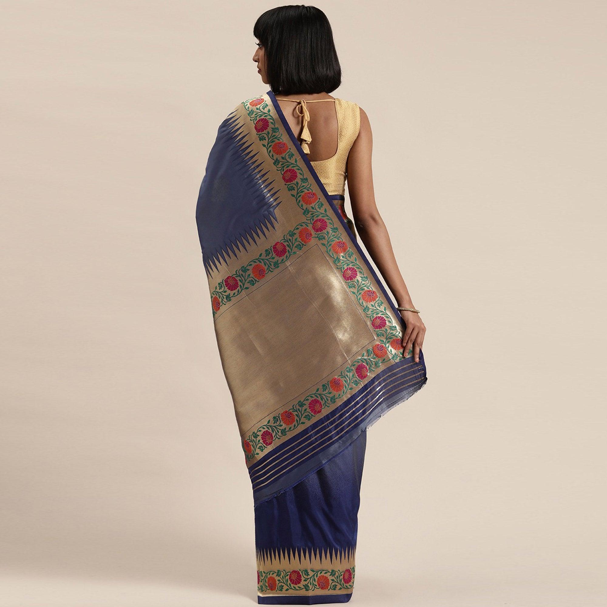 Women's Blue Festive Wear Woven Kanjivaram Silk Saree With Unstitched Blouse - Peachmode