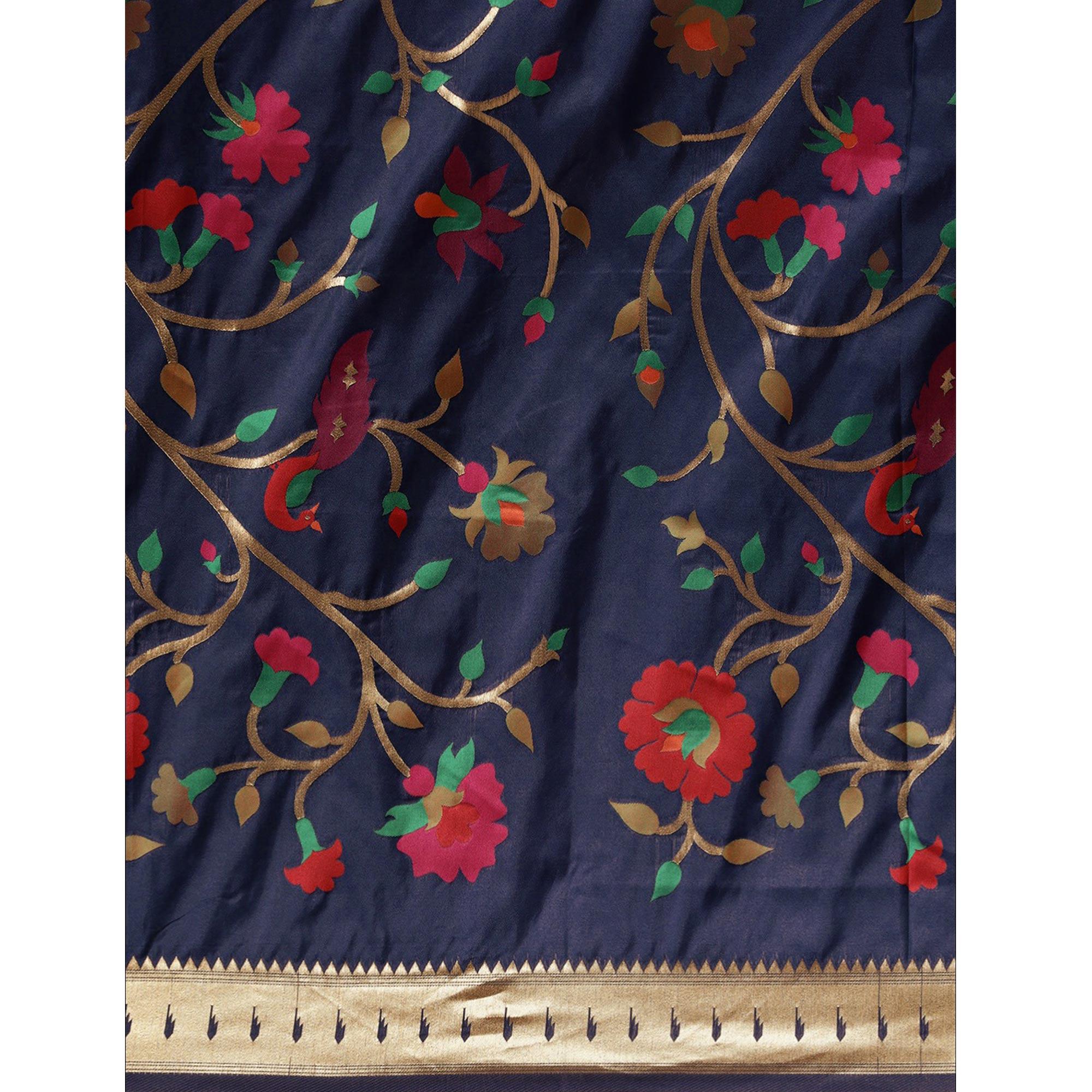 Women's Blue Festive Wear Woven Kanjivaram Silk Saree With Unstitched Blouse - Peachmode