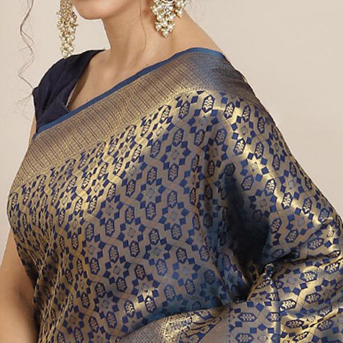 Women's Blue Festive Wear Woven Kanjivaram Silk Saree With Unstitched Blouse - Peachmode