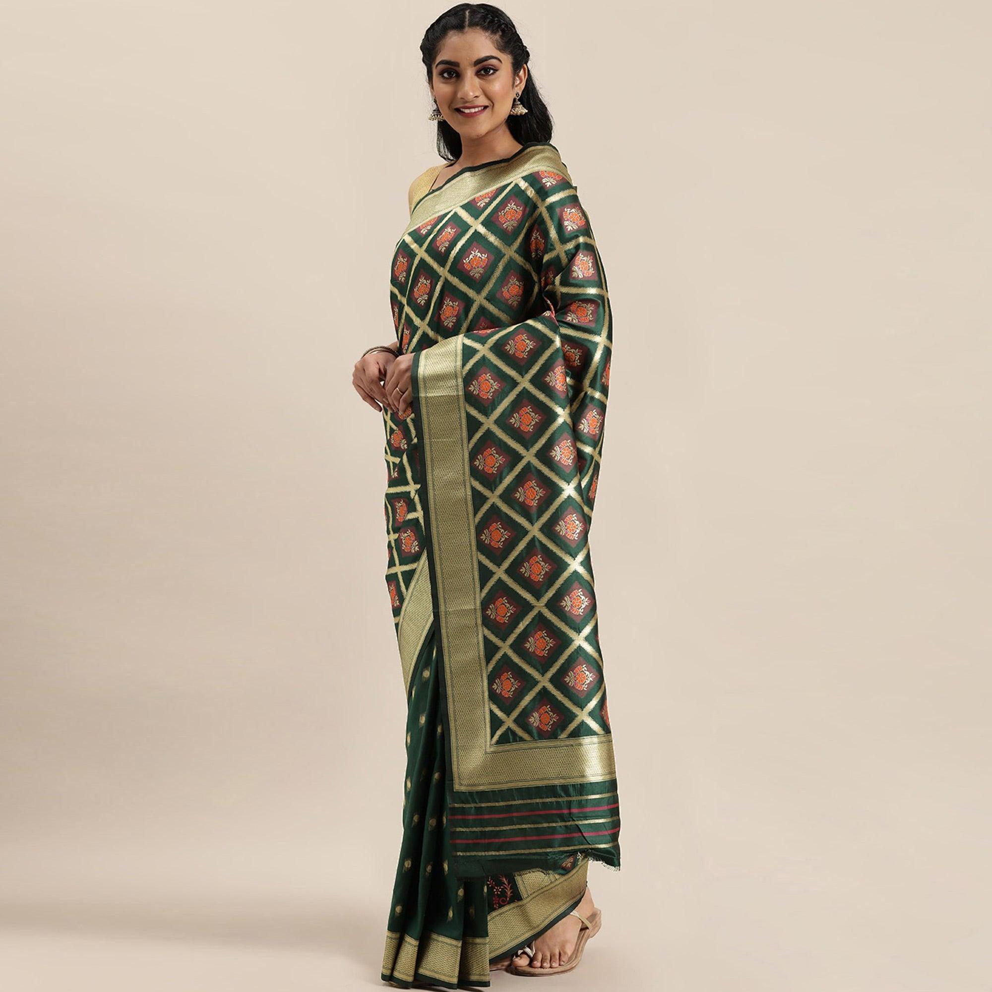 Women's Green Festive Wear Woven Kanjivaram Silk Saree With Unstitched Blouse - Peachmode