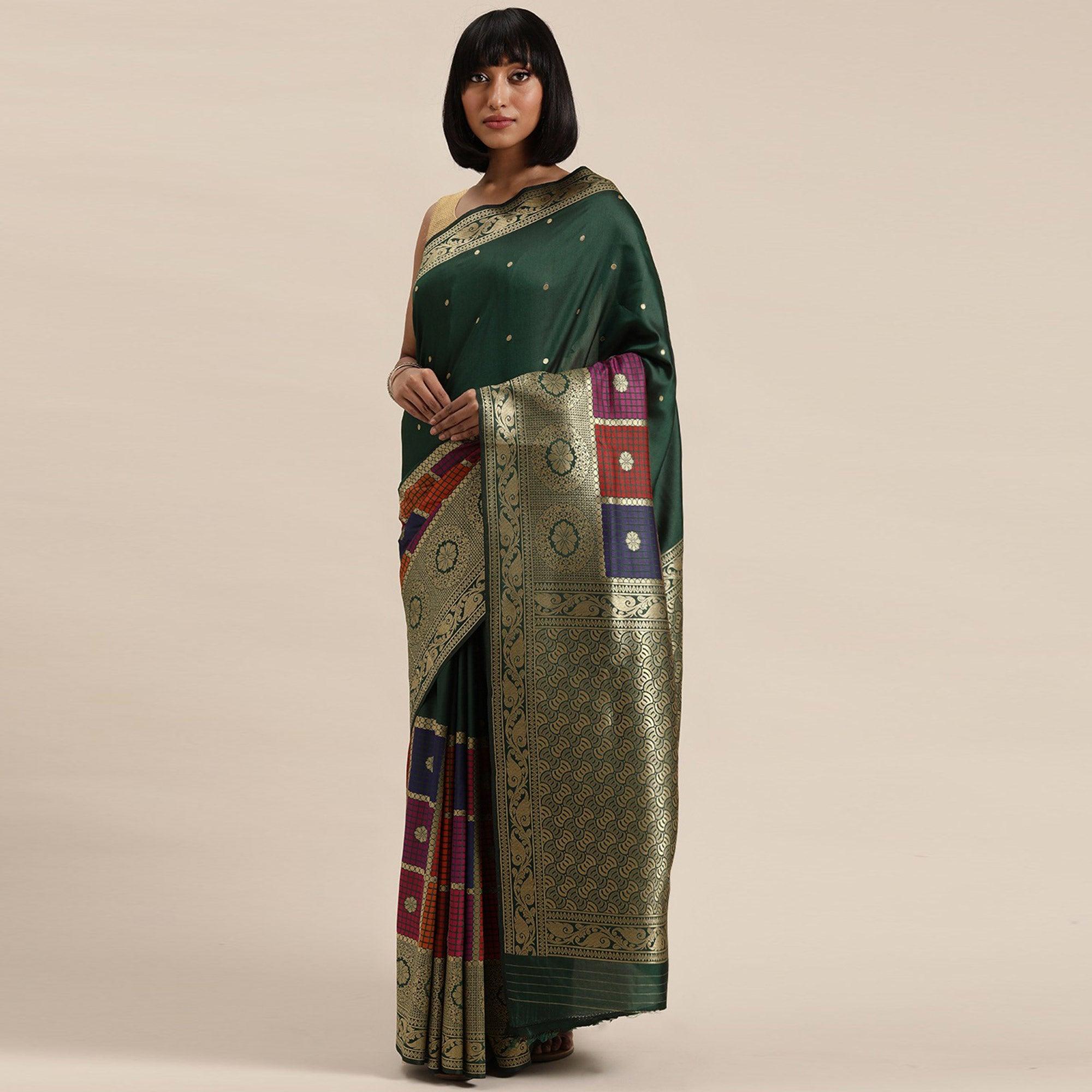 Women's Green Festive Wear Woven Kanjivaram Silk Saree With Unstitched Blouse - Peachmode